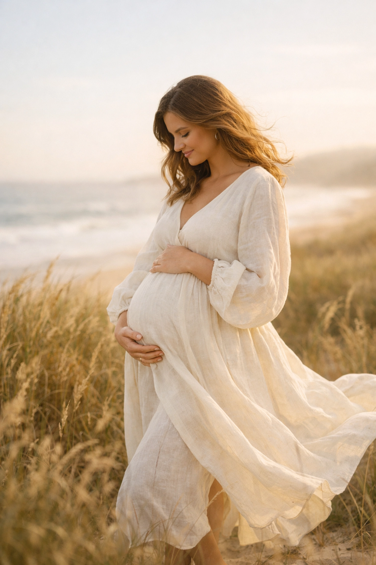 Pregnant woman in a cream linen dress on a Northern Beaches shore during a golden hour maternity session.