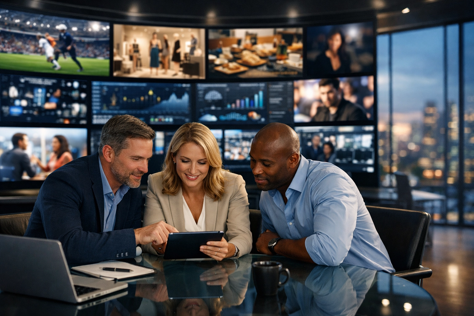 Dakdan Worldwide team collaborating in a high-tech media operations center with integrated digital media solutions.