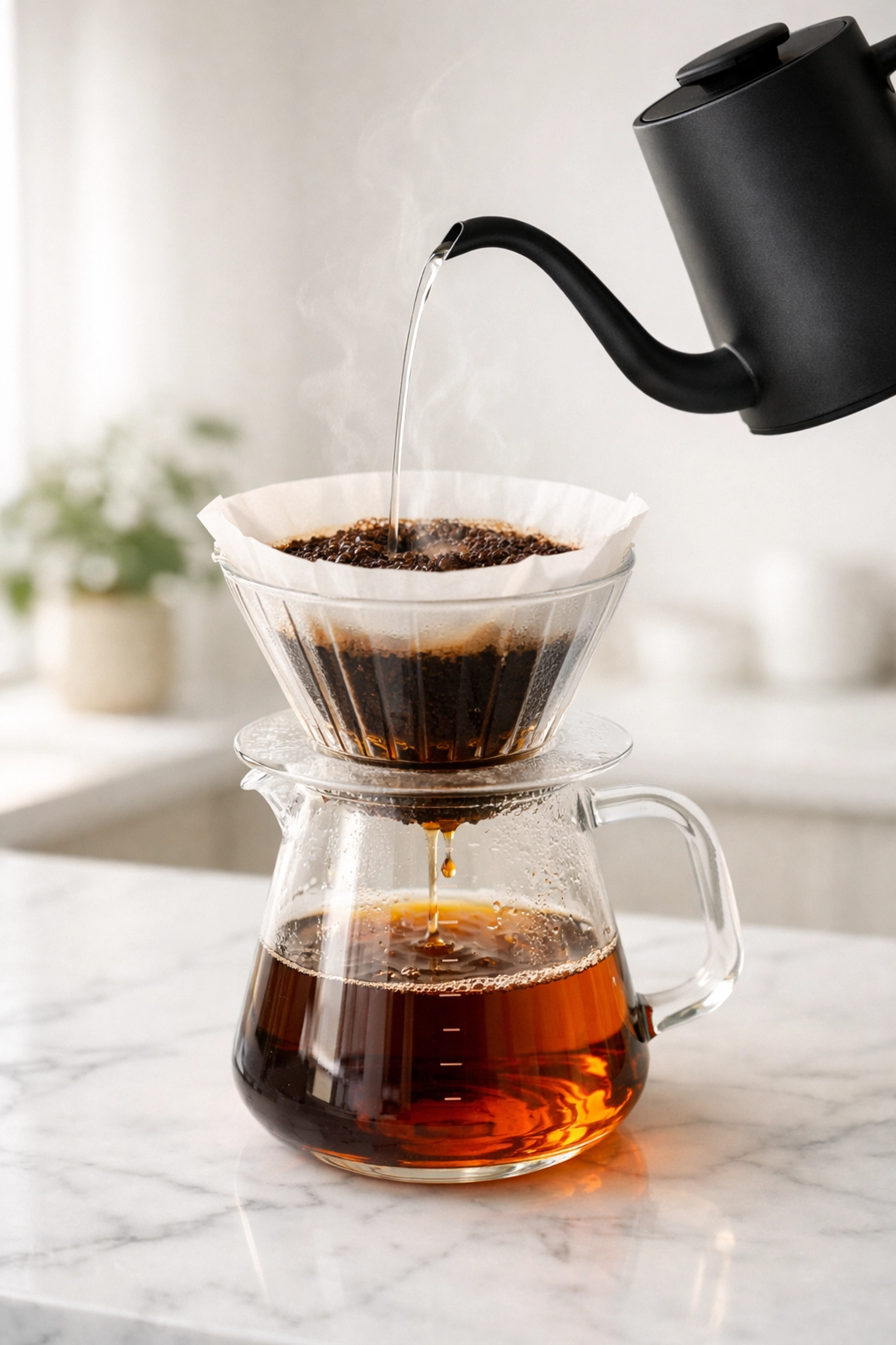Brewing single origin coffee using a manual pour-over method and gooseneck kettle.