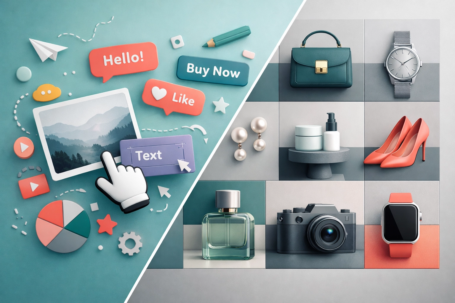 Comparison of creative drag-and-drop website design and structured e-commerce product layouts.