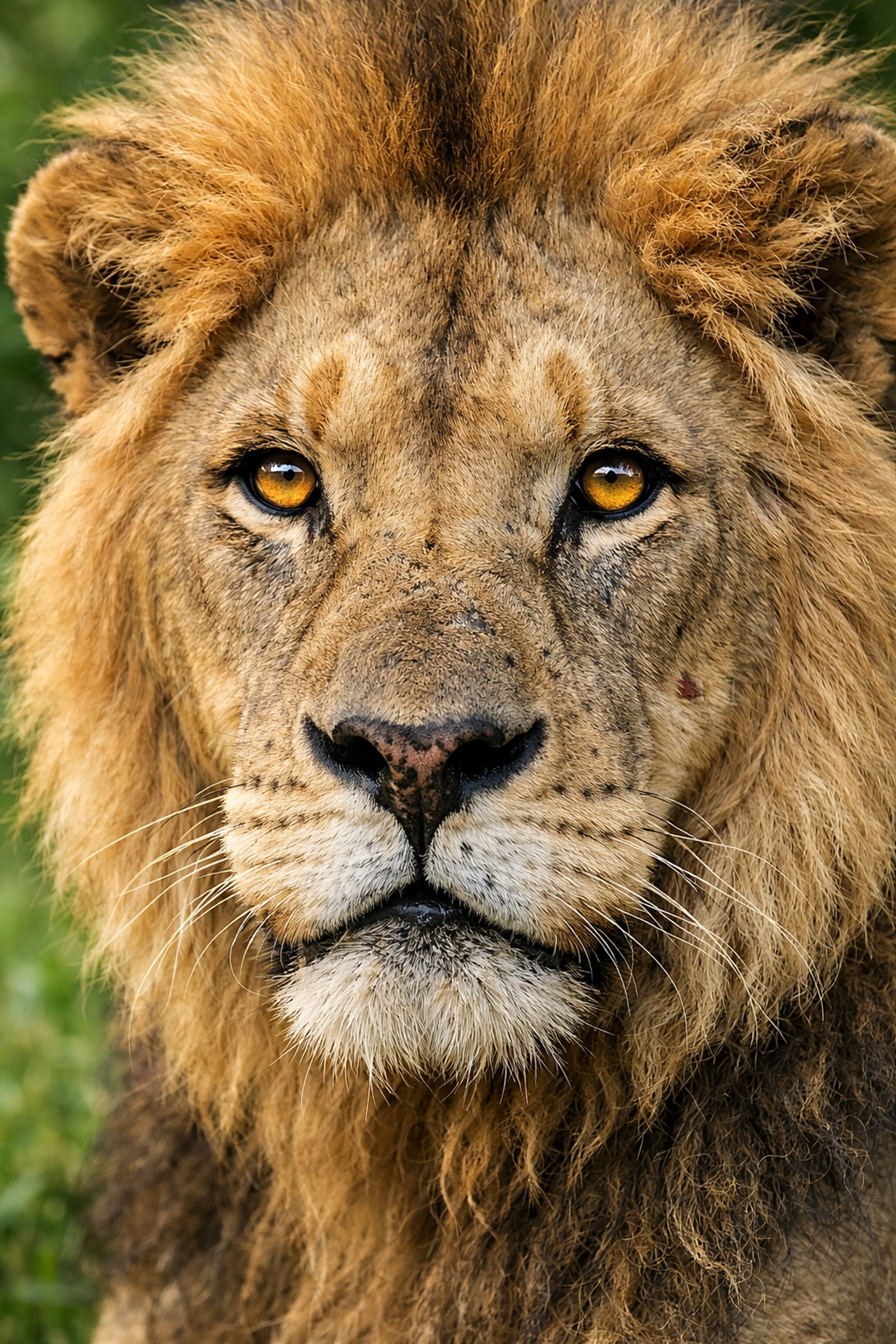 Close-up portrait of a rescued male lion with detailed amber eyes and weathered features in a sanctuary.