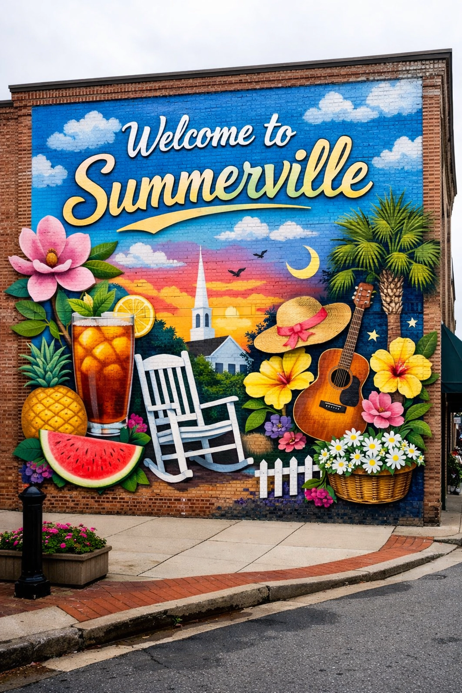 Colorful street mural on brick building in downtown Summerville's arts district