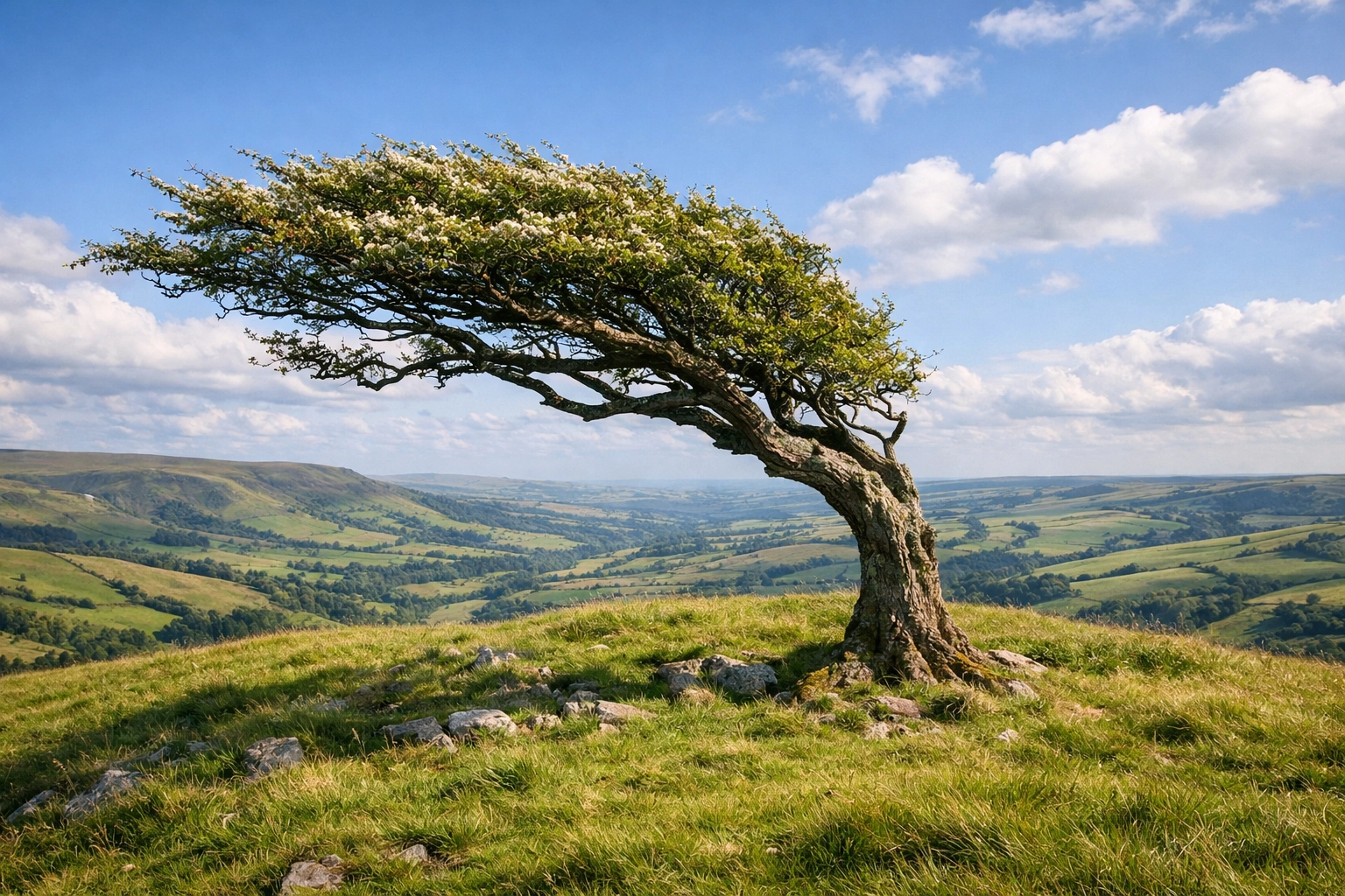 Windswept hawthorn tree in the Peak District showing wind direction through natural flagging.