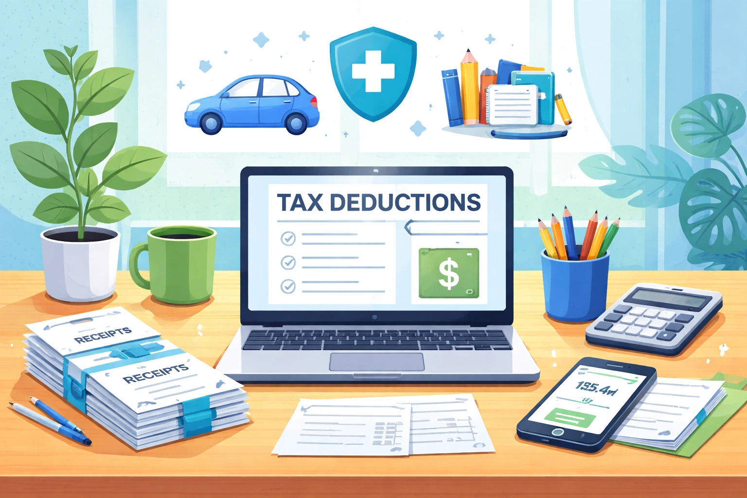 Home office illustration highlighting tax deduction essentials for freelancers, like mileage logs, receipts, and health insurance paperwork.