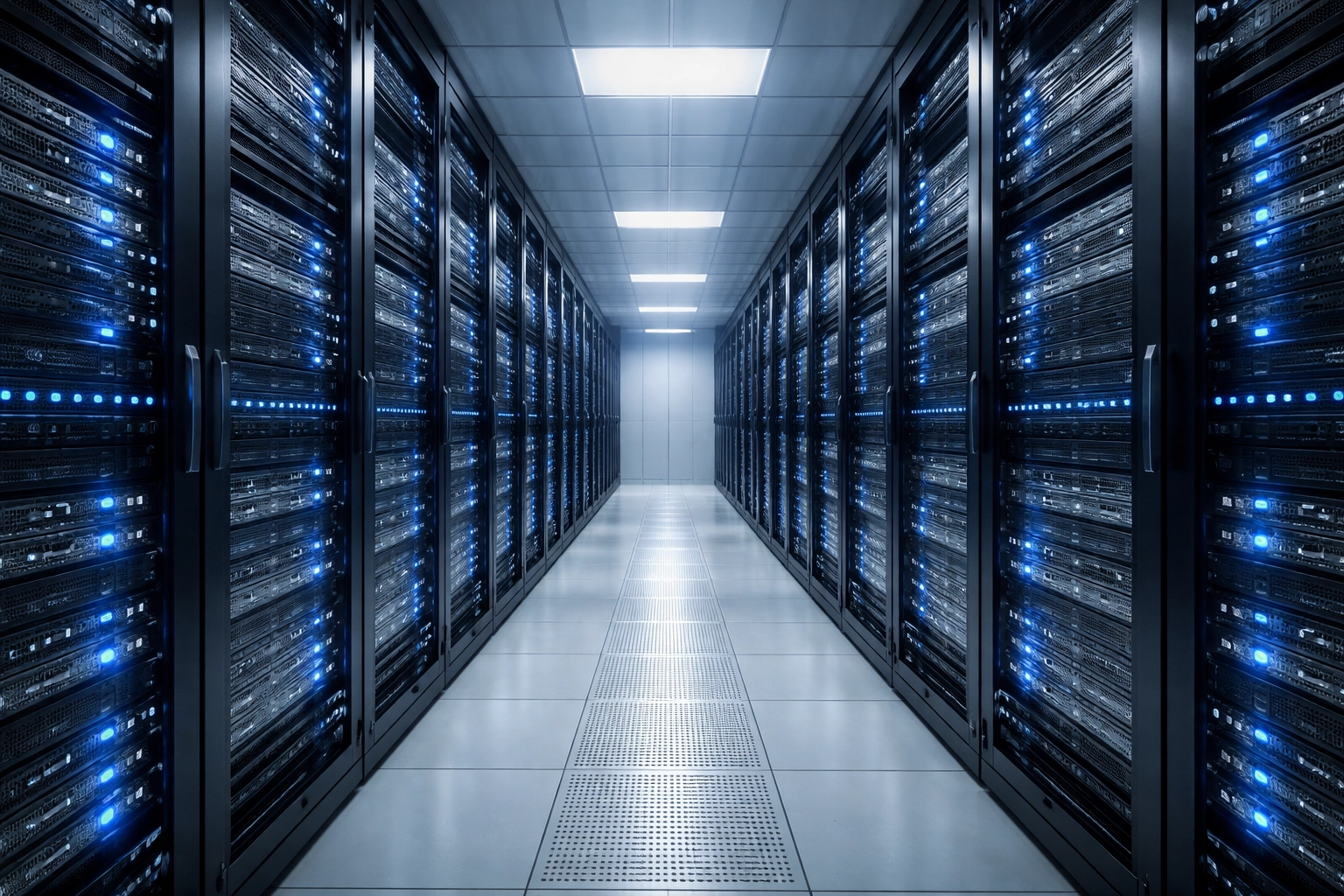 Sleek server room with organized cable management and blue LED lights, representing ServiceNow IntegrationHub clean data infrastructure.