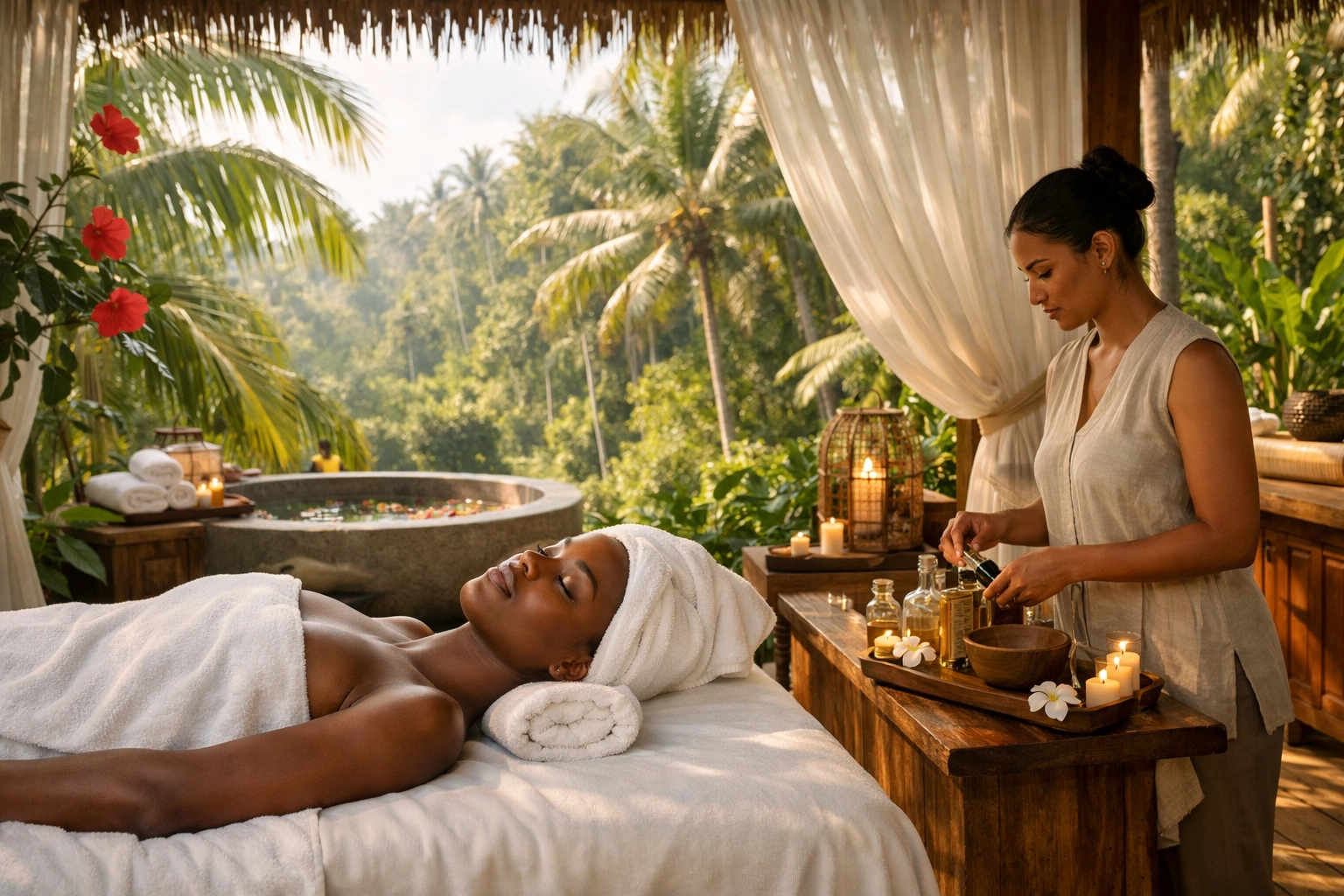 Relaxing spa treatment at a tropical resort, illustrating luxury add-ons for all inclusive vacation packages.