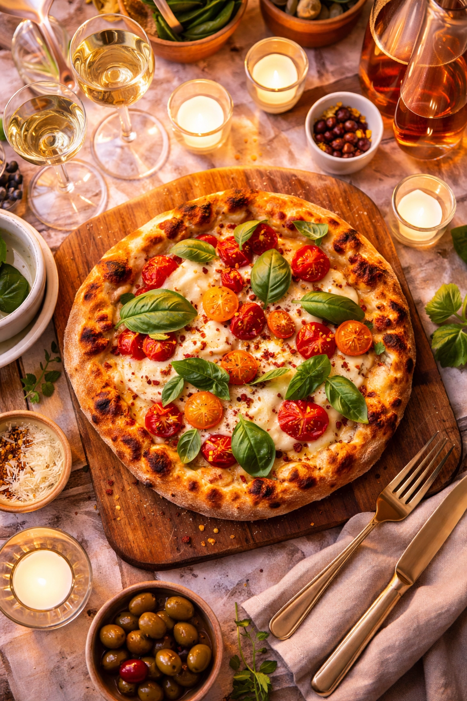 Artisan pizza with fresh toppings and wine glasses set for a relaxed BYOB evening at Little Dreams Cafe