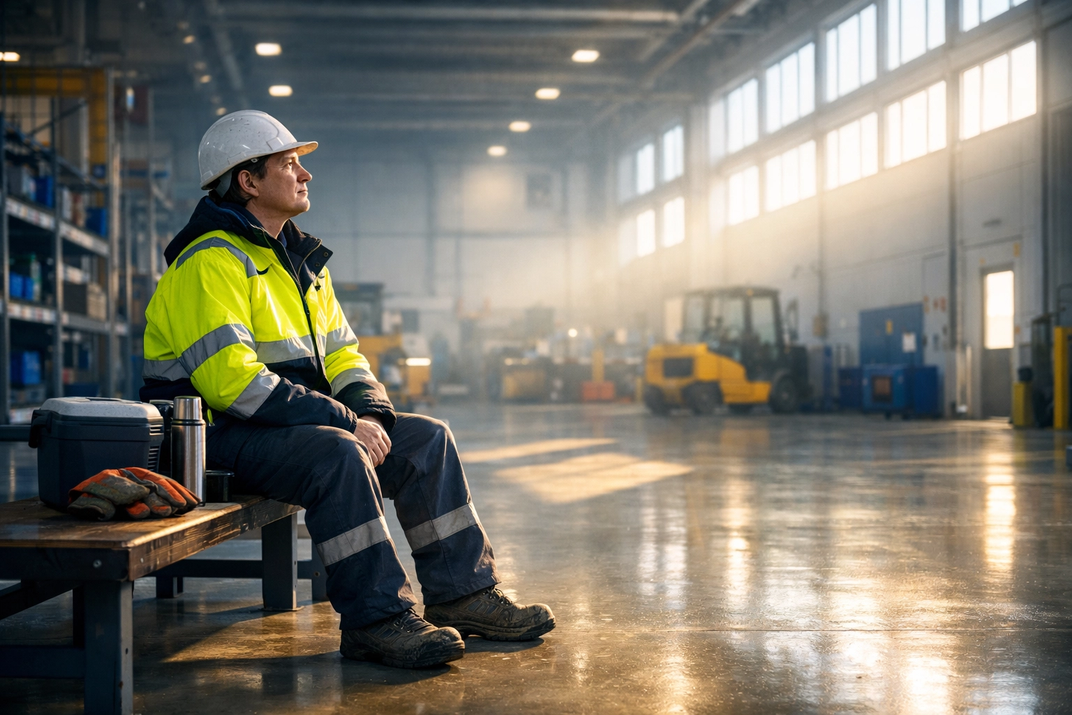 Shift worker in a bright warehouse reflecting on faith and strength while waiting.