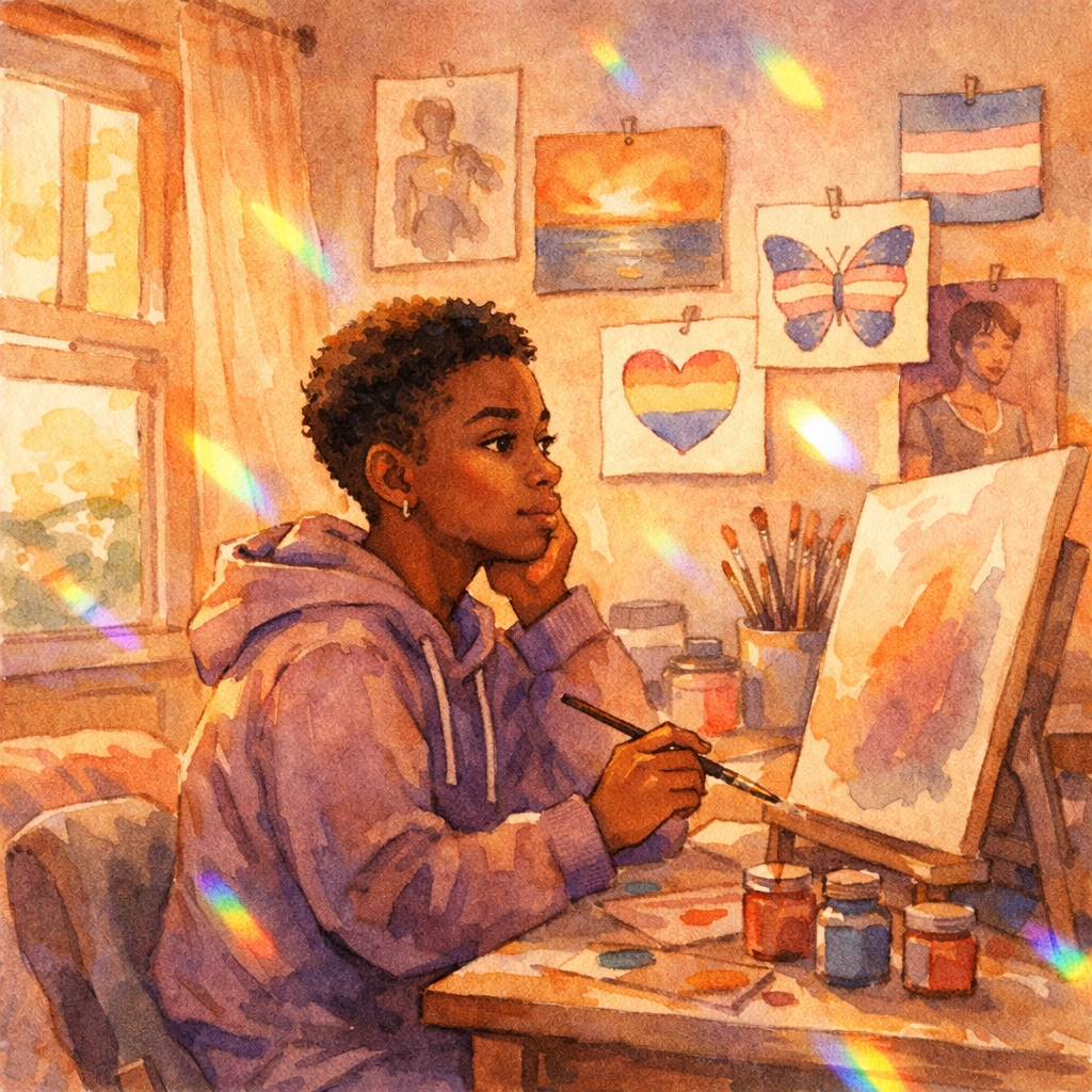 Trans teen artist creating paintings in bedroom - Felix Ever After LGBTQ+ YA fiction
