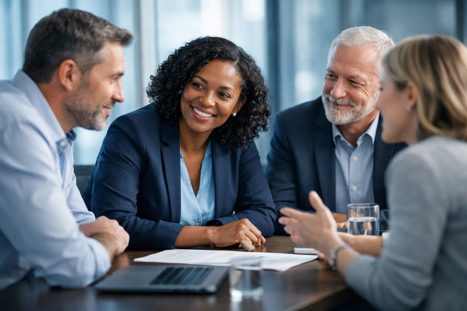 Diverse business team demonstrating empathy and emotional intelligence in office meeting