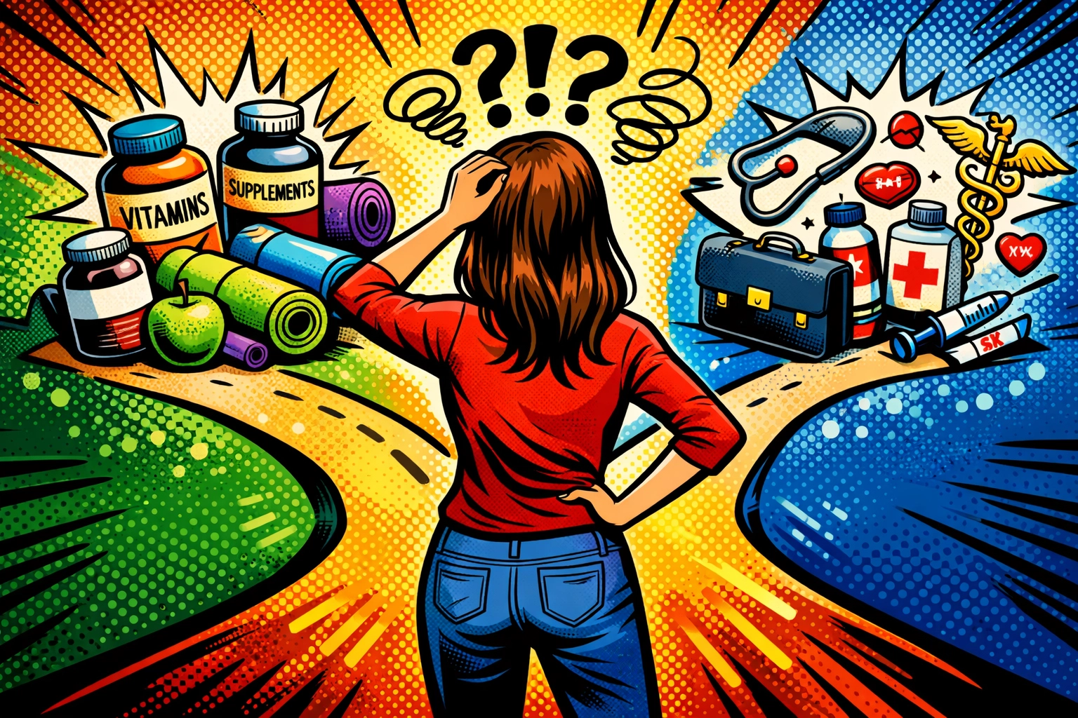 Woman choosing between wellness, business, and medical paths illustrating holistic healing approach