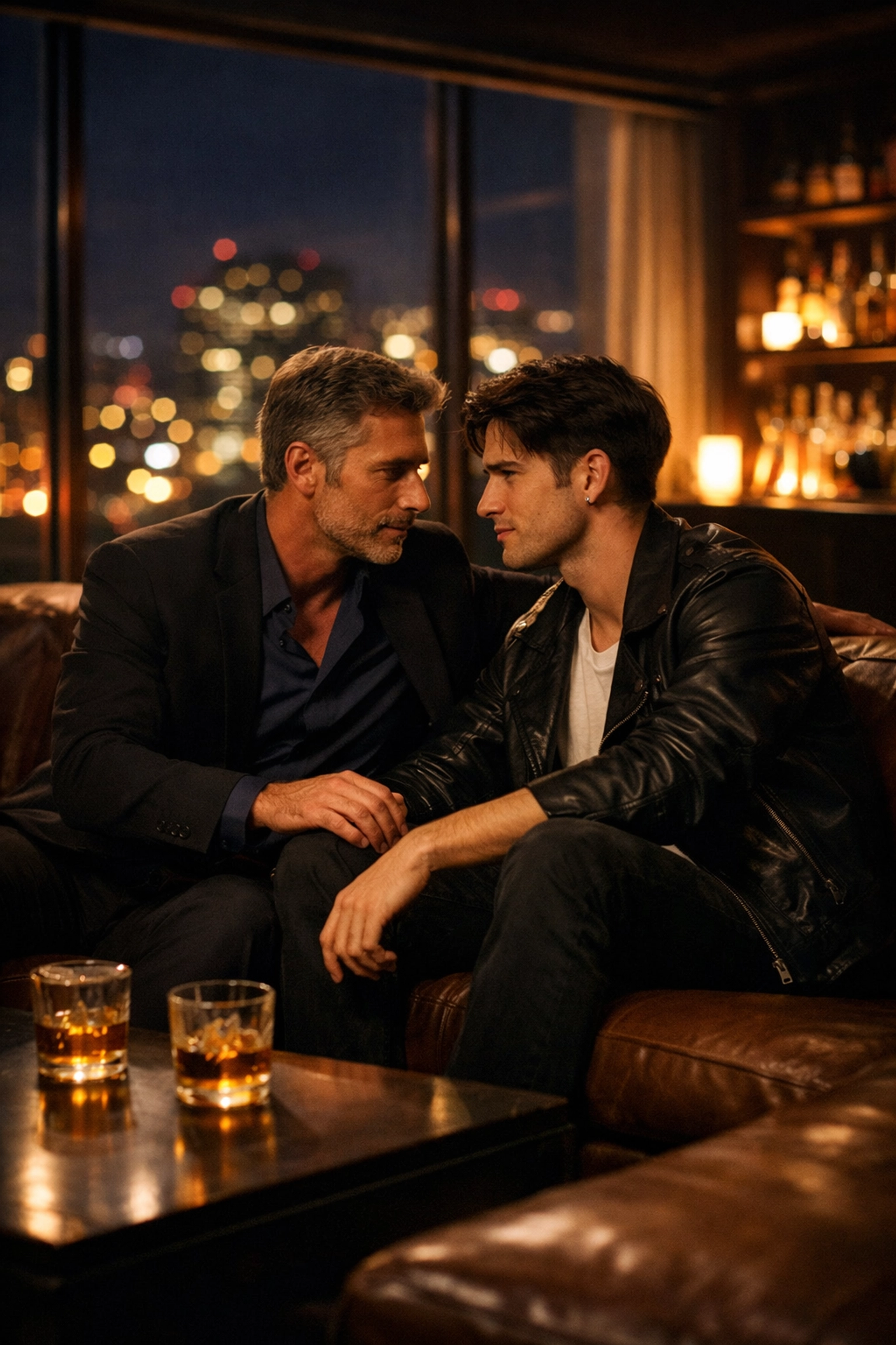 Two men share intimate conversation on couch in penthouse - MM romance forced proximity