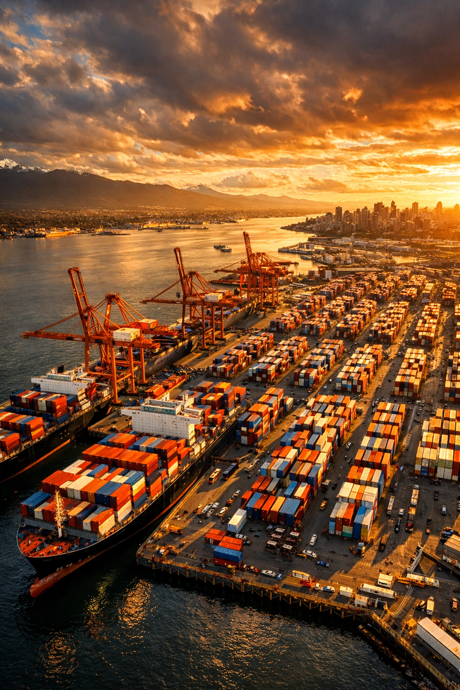 Port of Vancouver container terminal with cargo ships and stacked containers