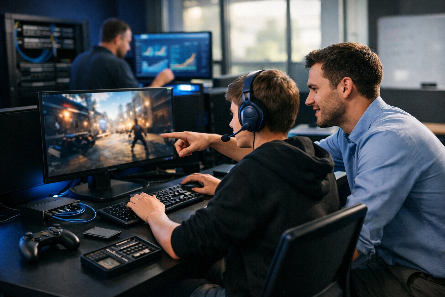 A mentor teaching technical skills and cloud literacy in a high-tech esports training lab.