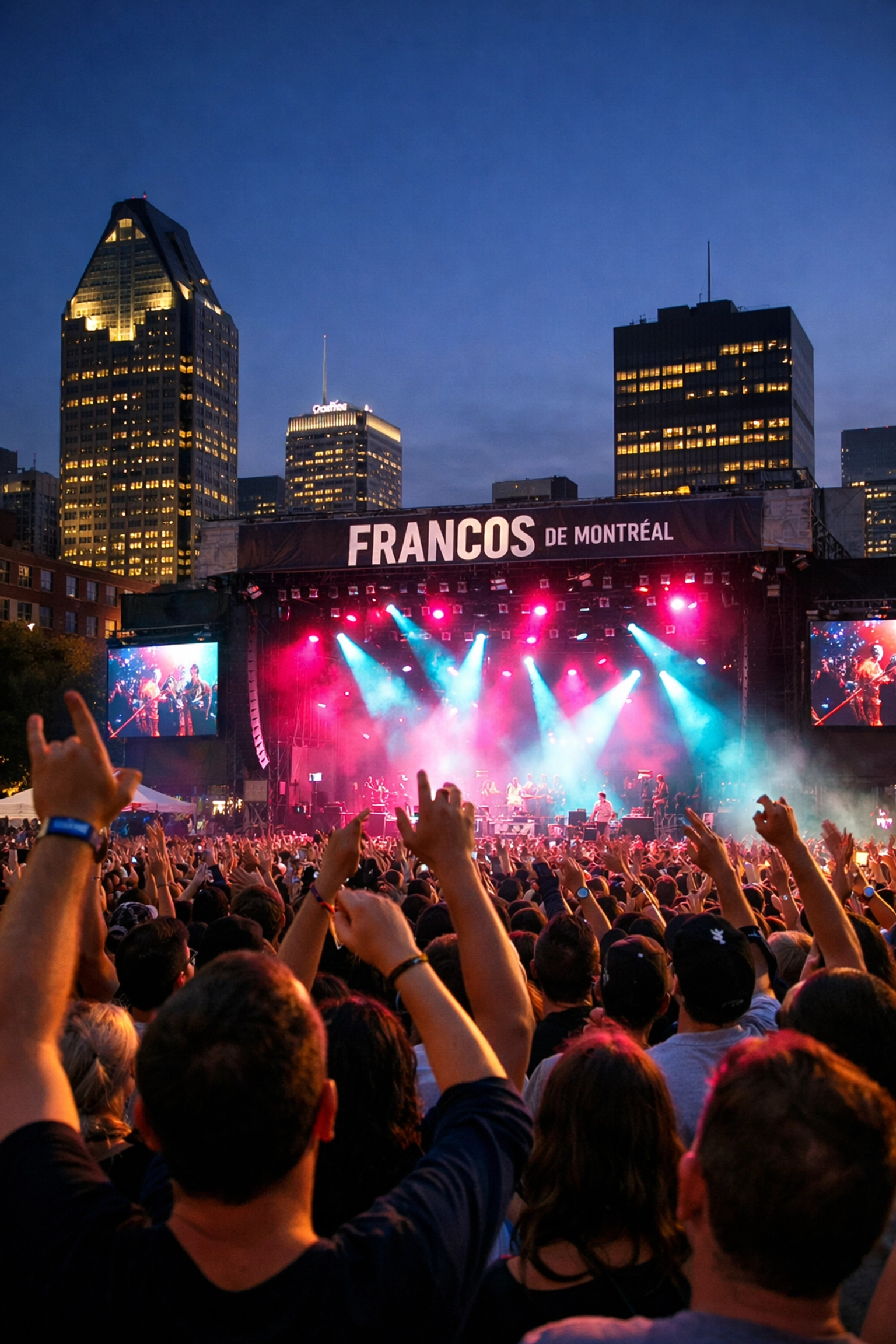 Large crowd at an outdoor music festival in Montreal's Quartier des Spectacles at dusk.