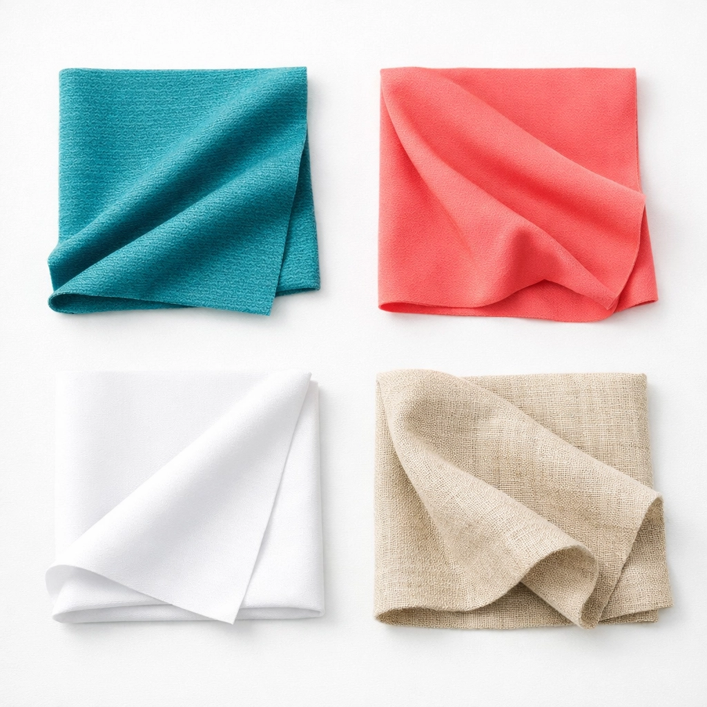 Various clothing fabric swatches showing stretch differences for online shopping fit