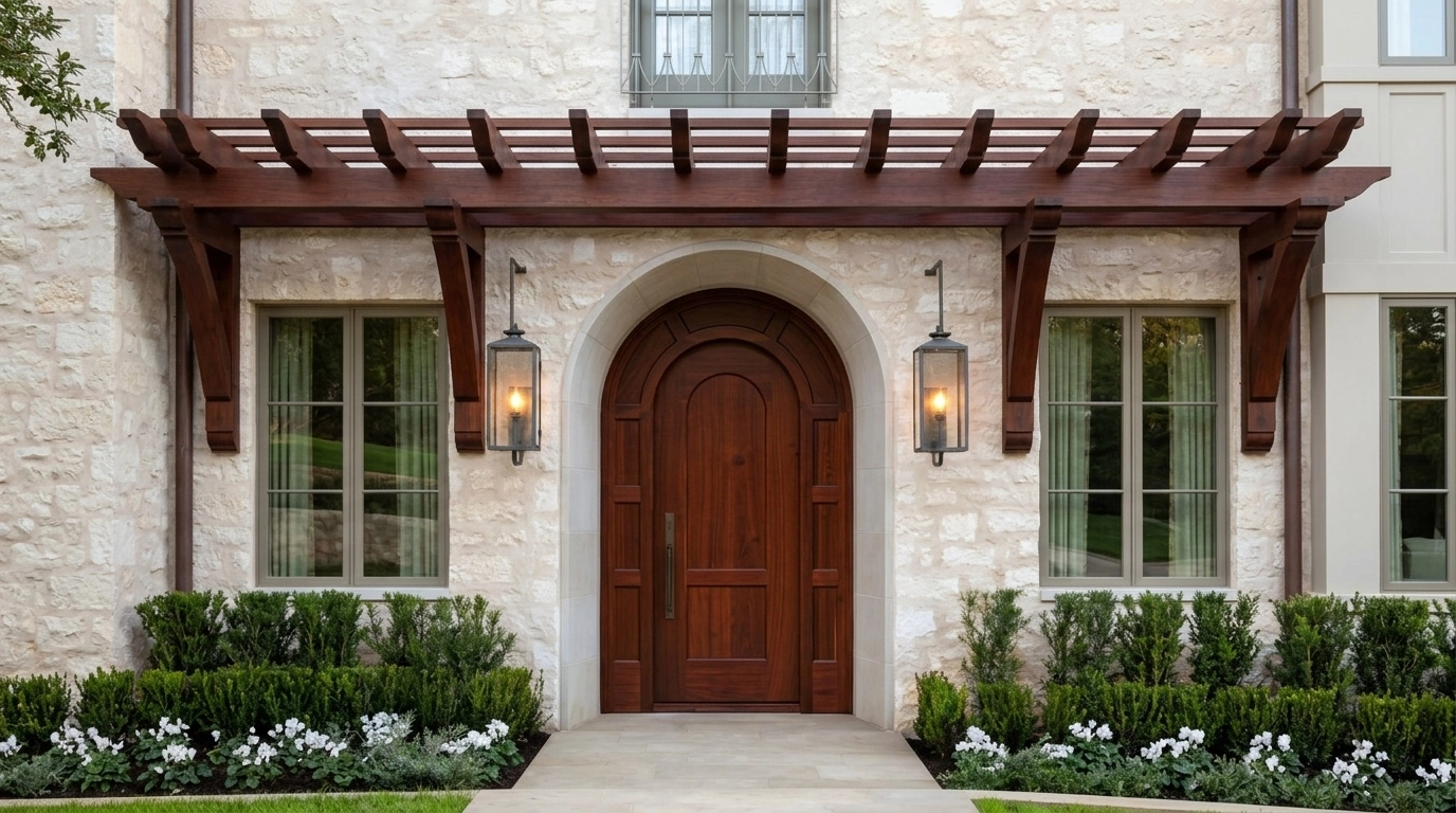 Close-up of a cedar pergola and luxury exterior details, demonstrating the 'Quiet Luxury' of a well-maintained home.
