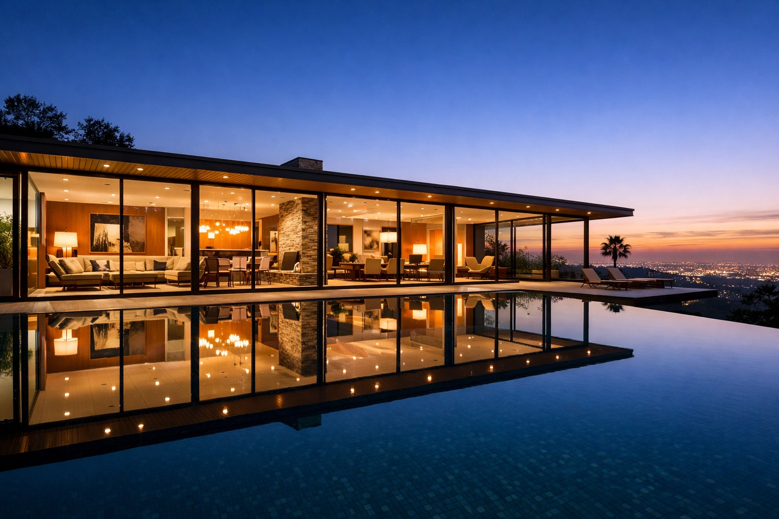 High-end real estate photography of a luxury Hollywood Hills villa with an infinity pool at twilight.