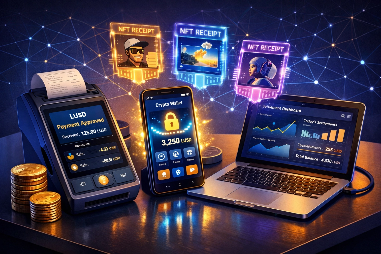 Merchant workspace with Web3 POS terminal, NFT receipts, and LUSD stablecoin payment dashboard