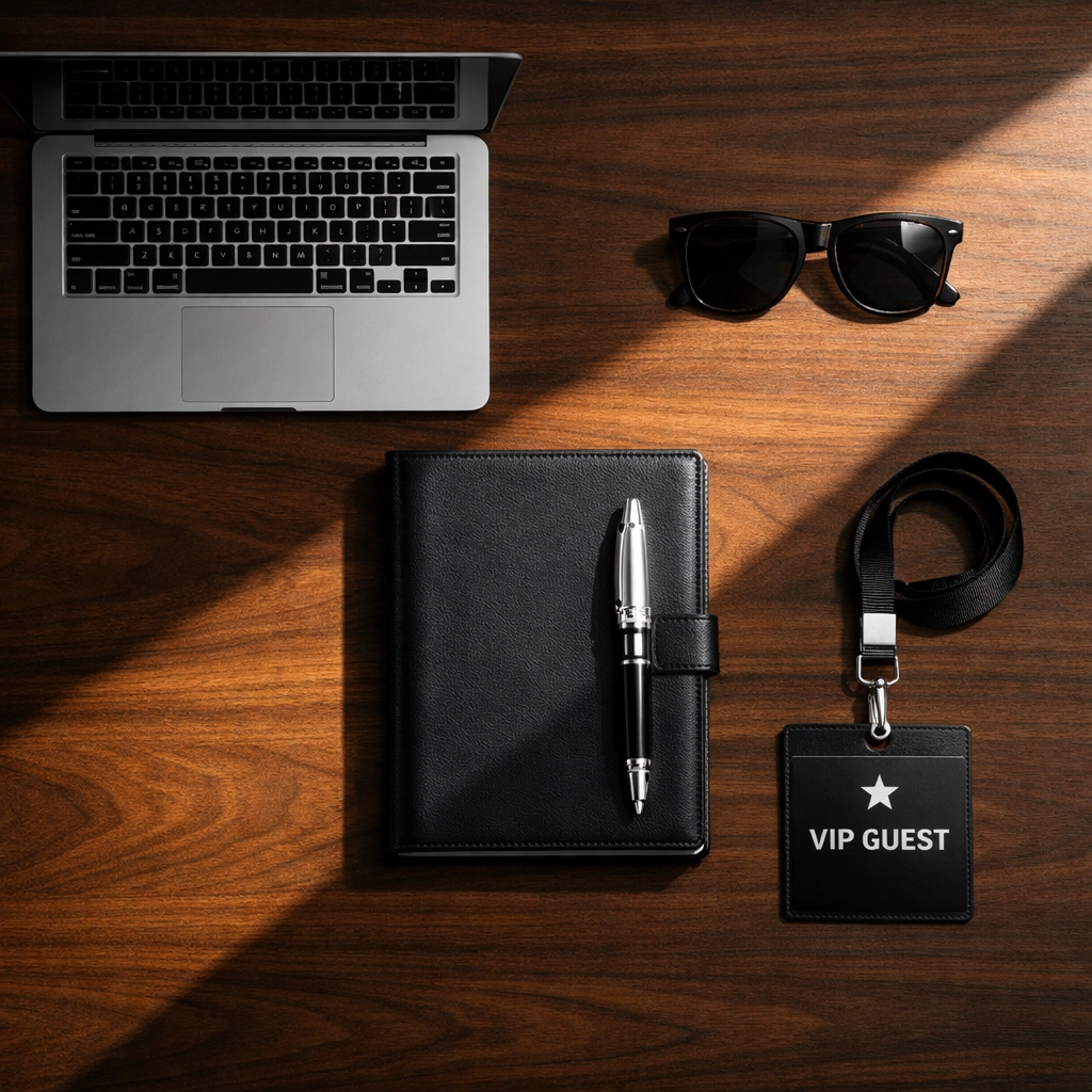 Executive workspace with VIP credentials and planning tools for corporate travel management.