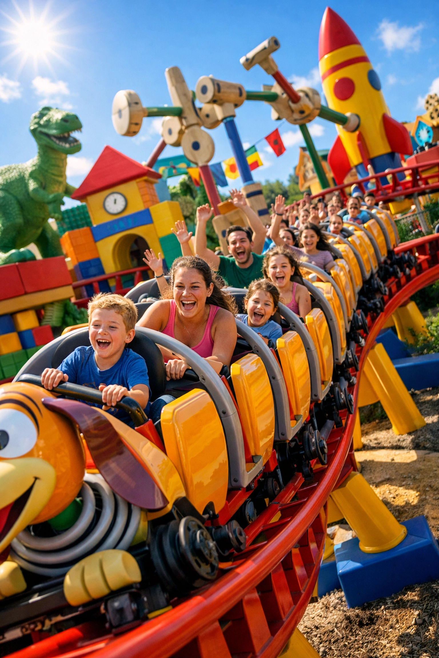 Excited guests riding a vibrant theme park roller coaster, showcasing optimized Lightning Lane selections.