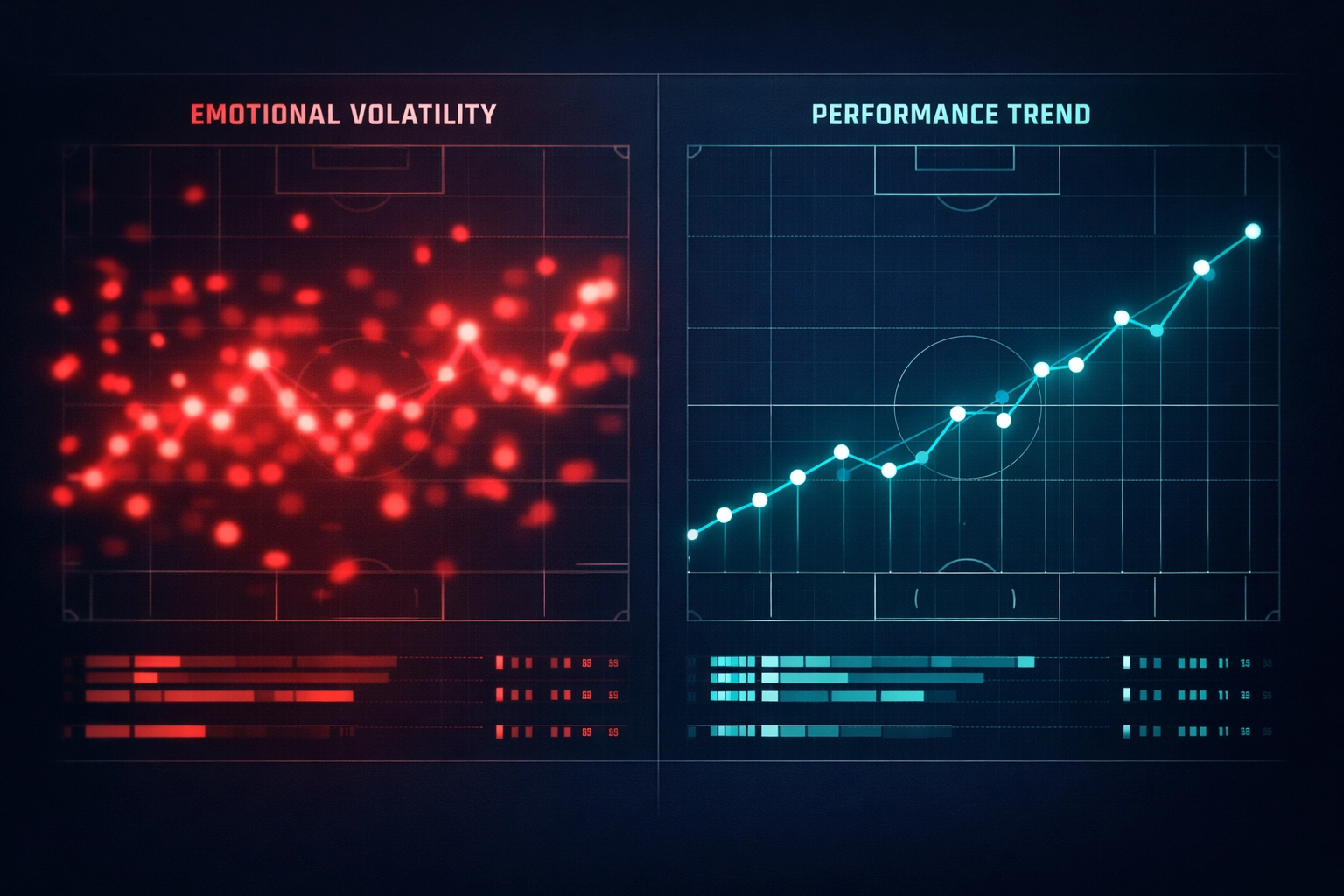 Profitable Betting Models; sports analytics dashboard comparing emotional betting volatility with an organized, data-driven football betting system.