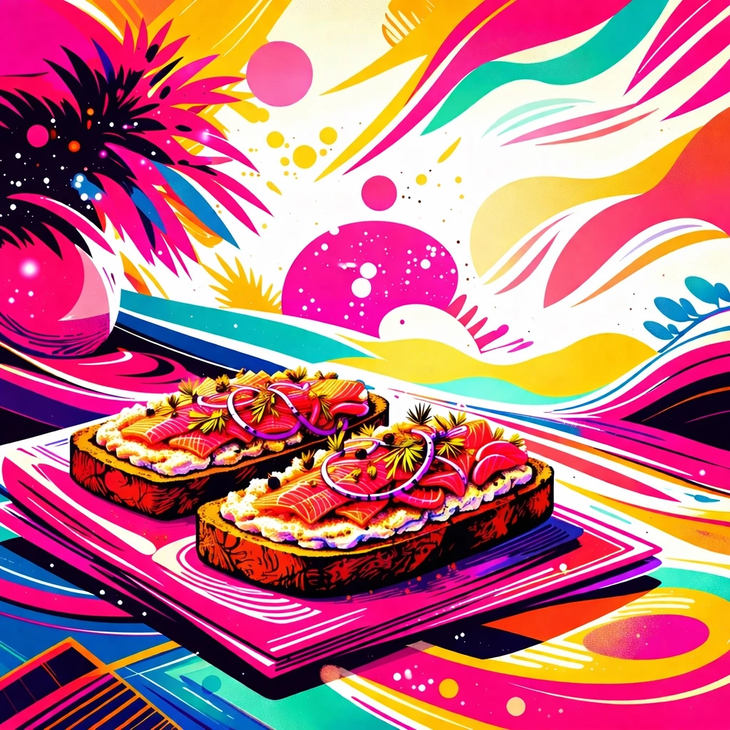 Ultra abstract pop art daytime brunch vibe with moody light and magenta pops, purely visual with a subtle stylized lox and toast hint and a wine glass silhouette.
