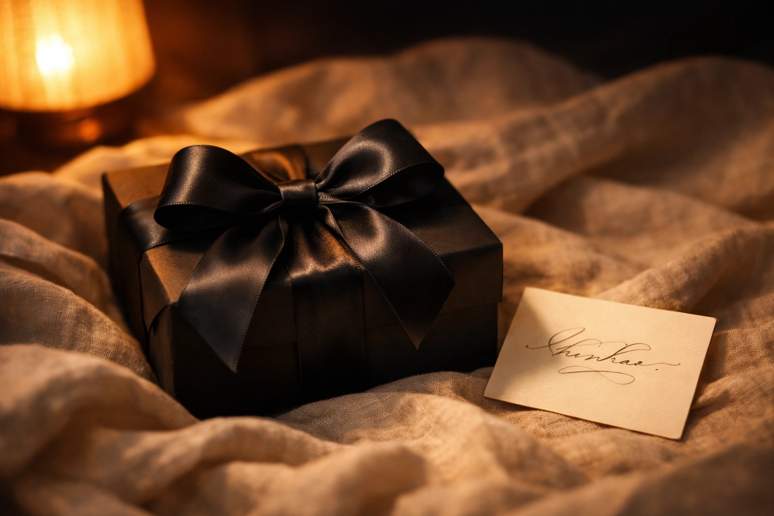 Thoughtfully wrapped intimate gift box with a personal note for a romantic night.