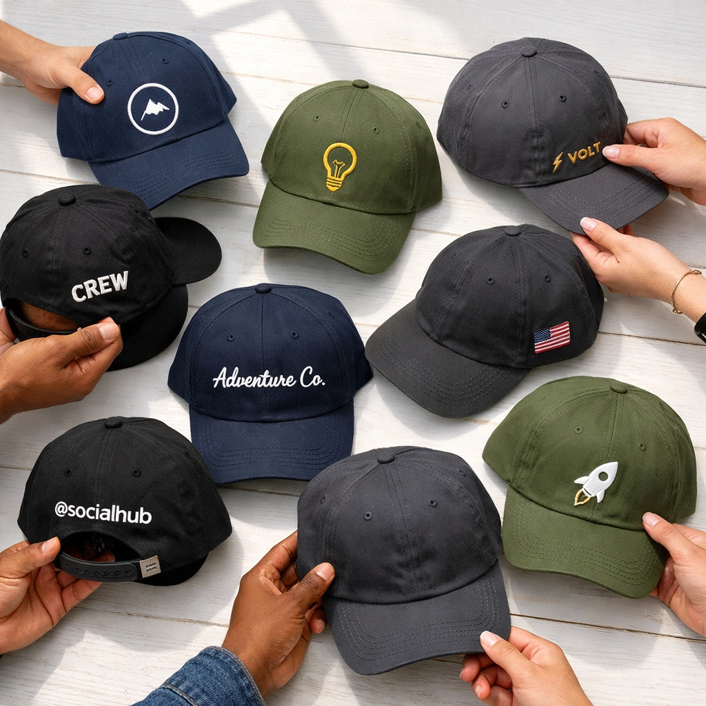 Custom logo hats in multiple colors showing embroidered branding on front, side, and back panels