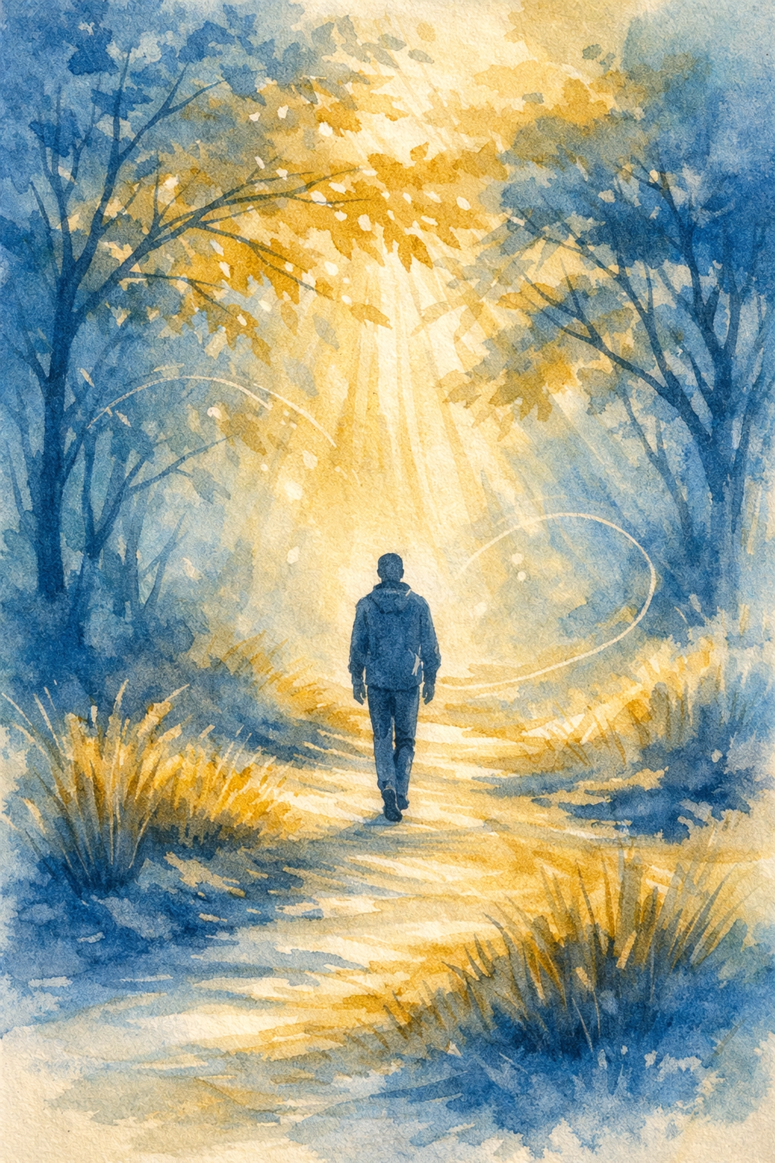Parent walking peaceful nature path for spiritual self-care and prayer time