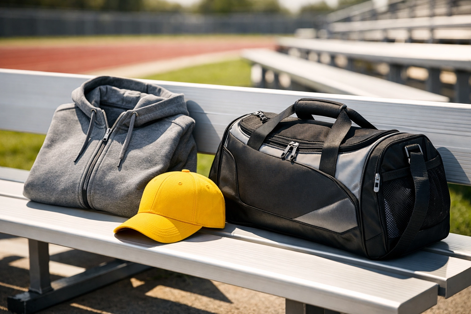 Custom branded youth sports gear including a grey hoodie and yellow cap on a professional stadium bench.