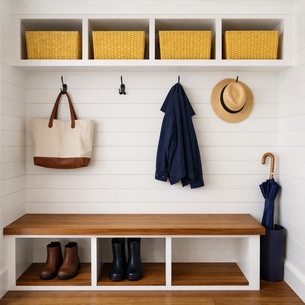 An organized mudroom with clean boots helping maintain Ninja-Level Cleanliness in Tewksbury homes.