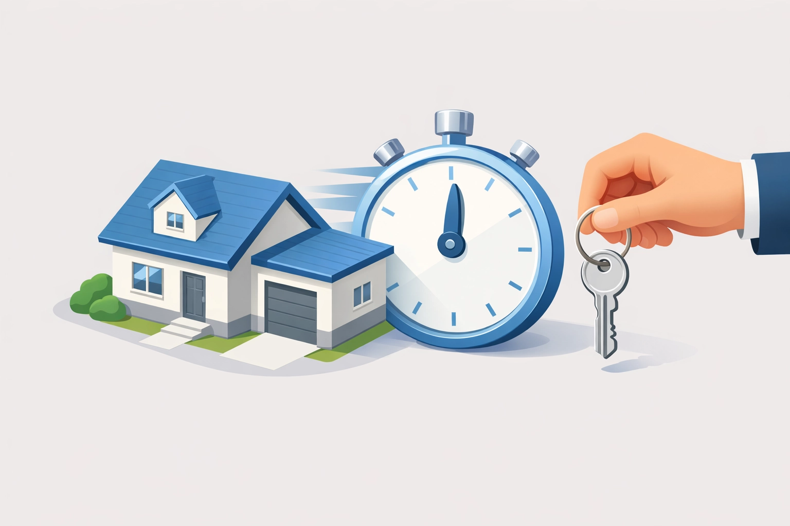 Illustration showing a quick home sale in NJ with a stopwatch and keys for a fast cash closing.