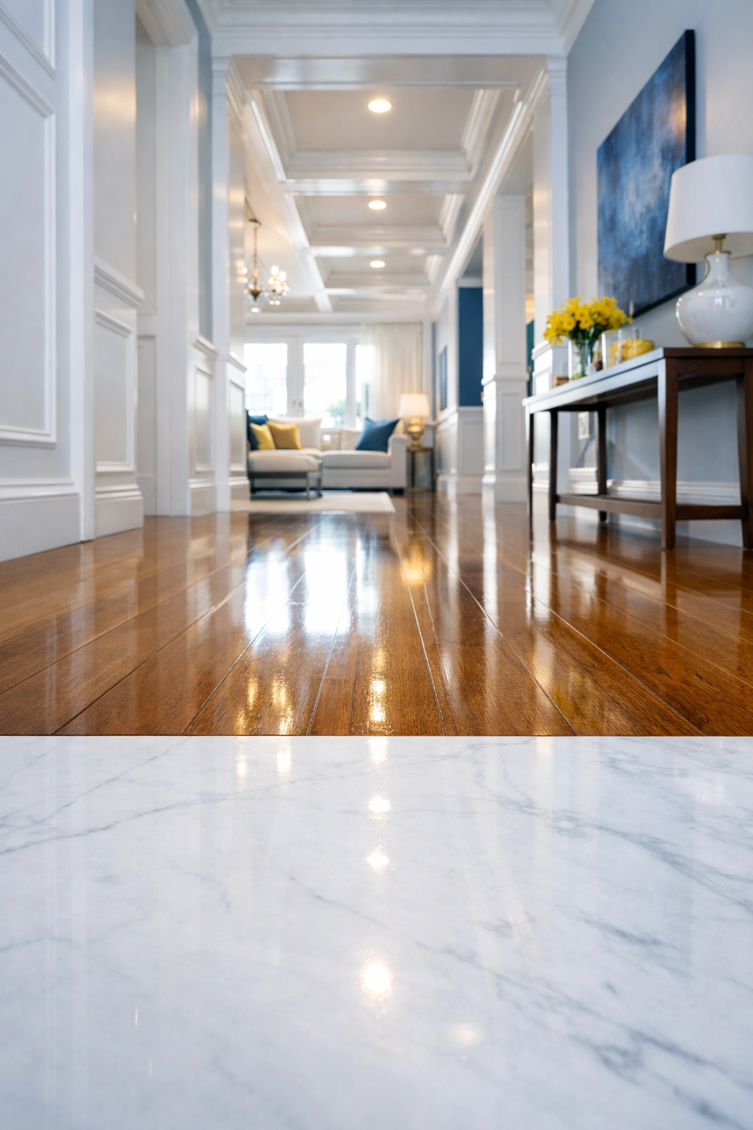 Pristine white marble and hardwood floors following a professional post-construction clean.