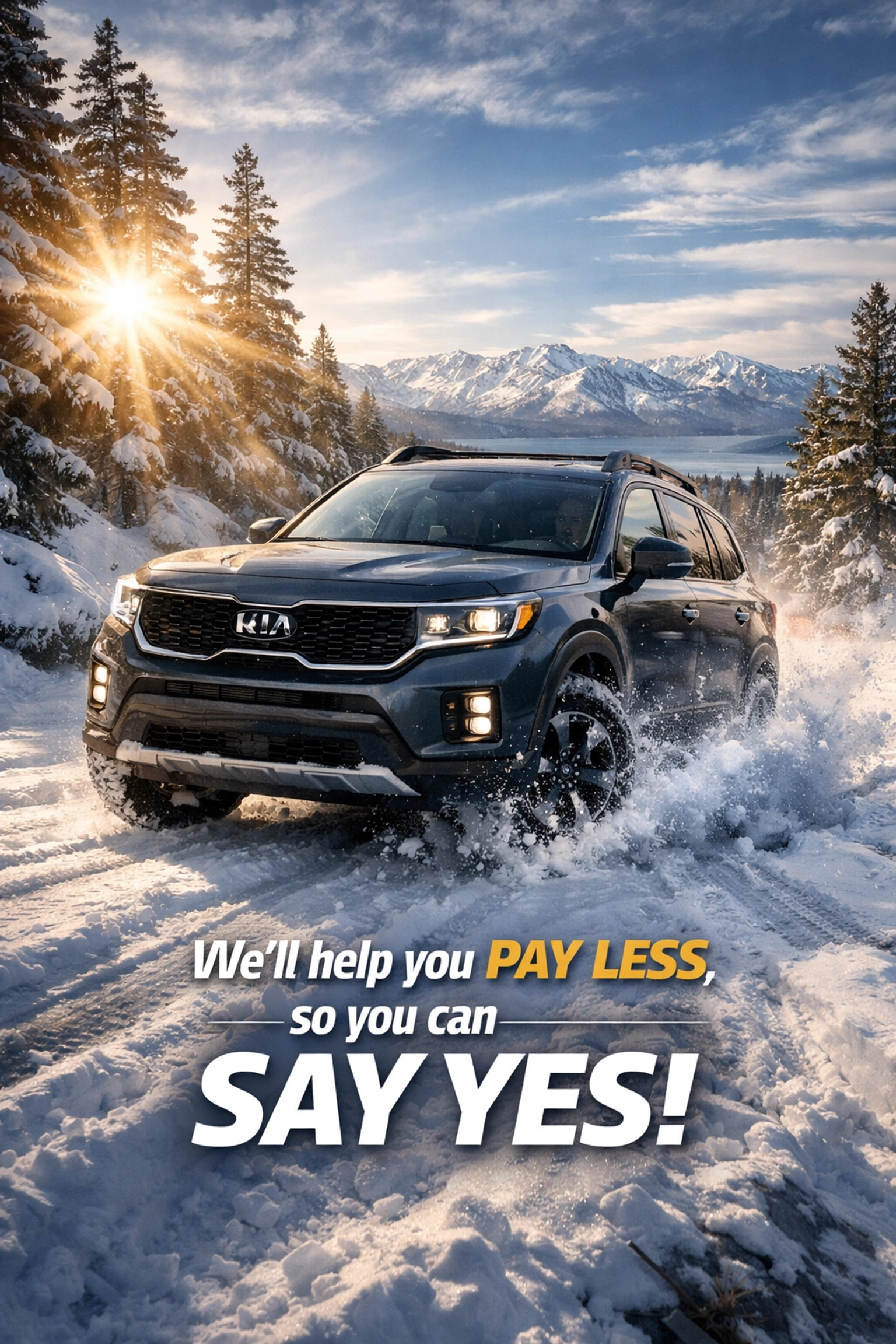 Kia AWD SUV driving through snowy Sierra Nevada mountain road near Lake Tahoe