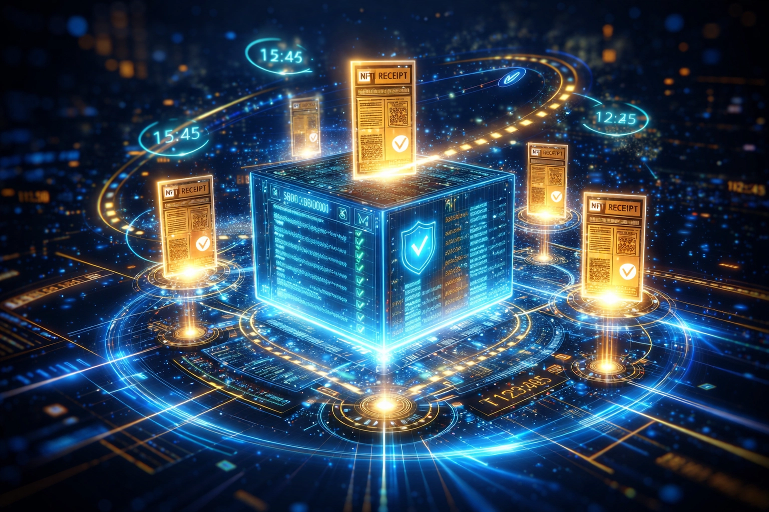 NFT receipts represented as glowing tokens on a blockchain ledger, highlighting Larecoin's secure and transparent transaction records for modern Web3 accounting.