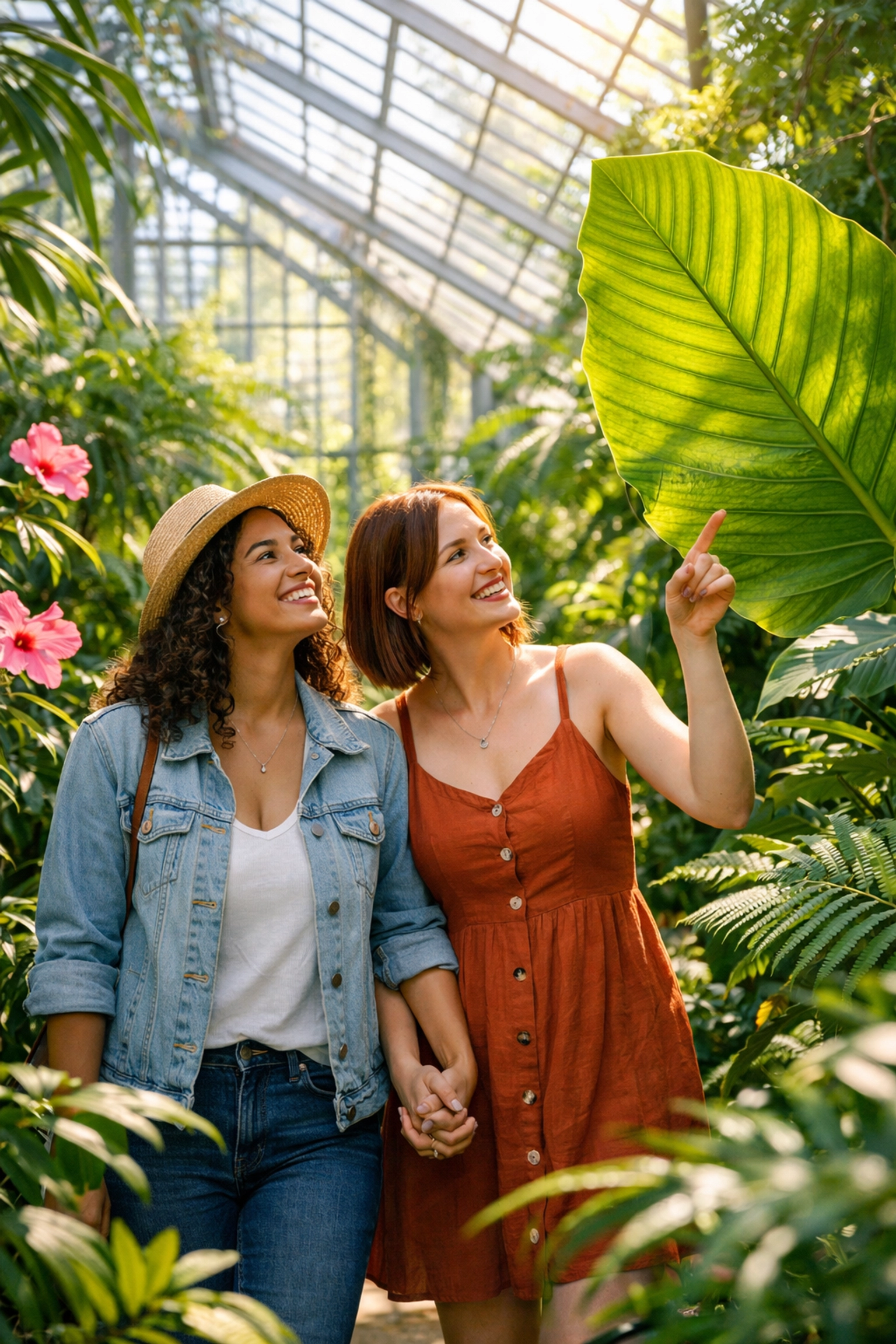 A lesbian couple exploring a botanical garden, enjoying a gentle outdoor hobby for queer community building.