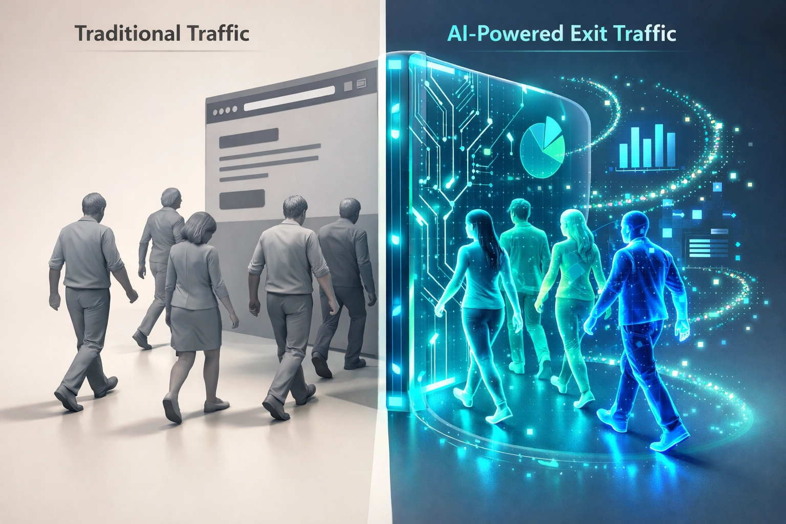 Comparison of traditional website traffic versus AI exit traffic capturing more email subscribers