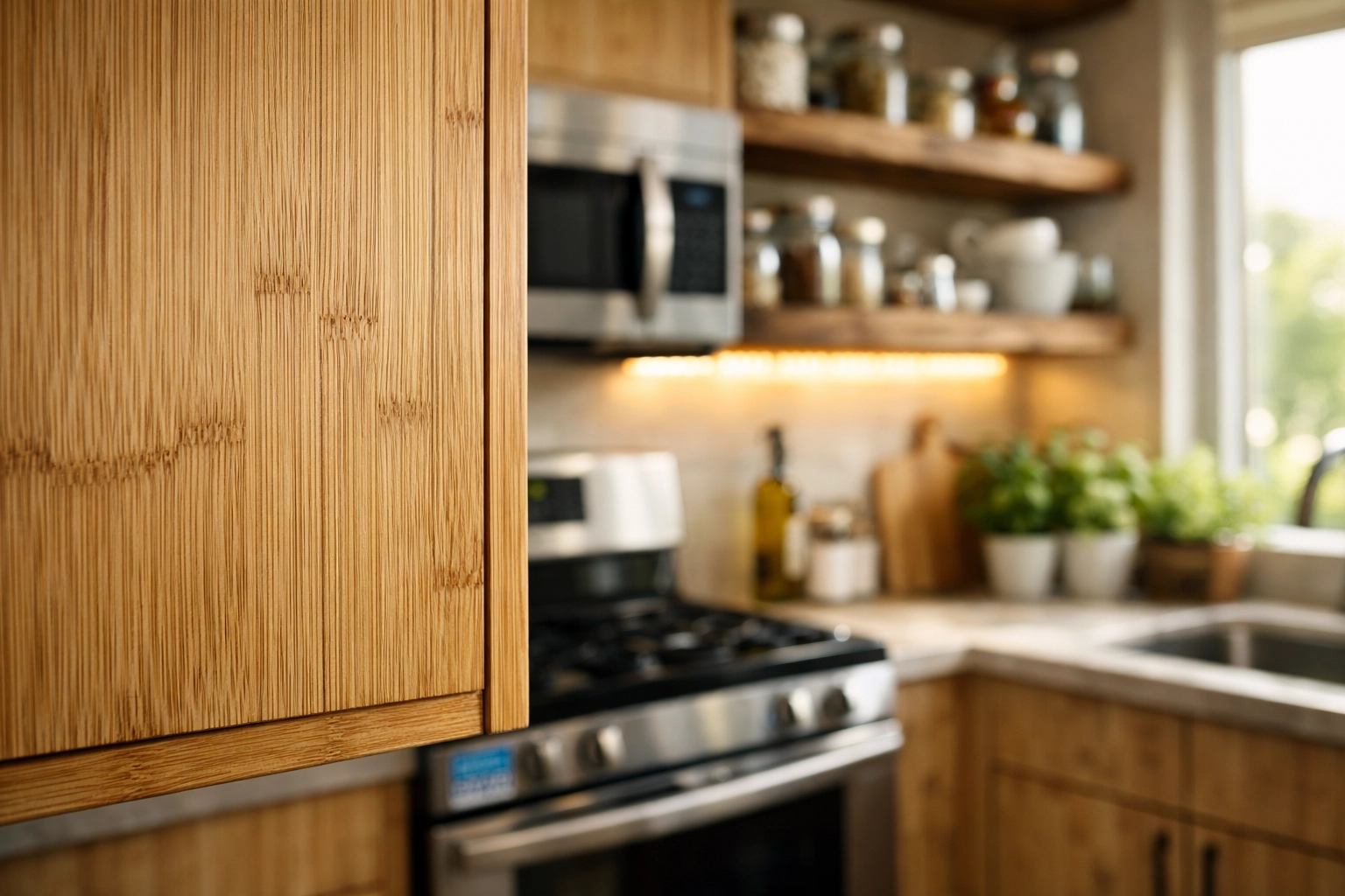 Sustainable kitchen remodel with bamboo cabinets and eco-friendly features in Orlando home