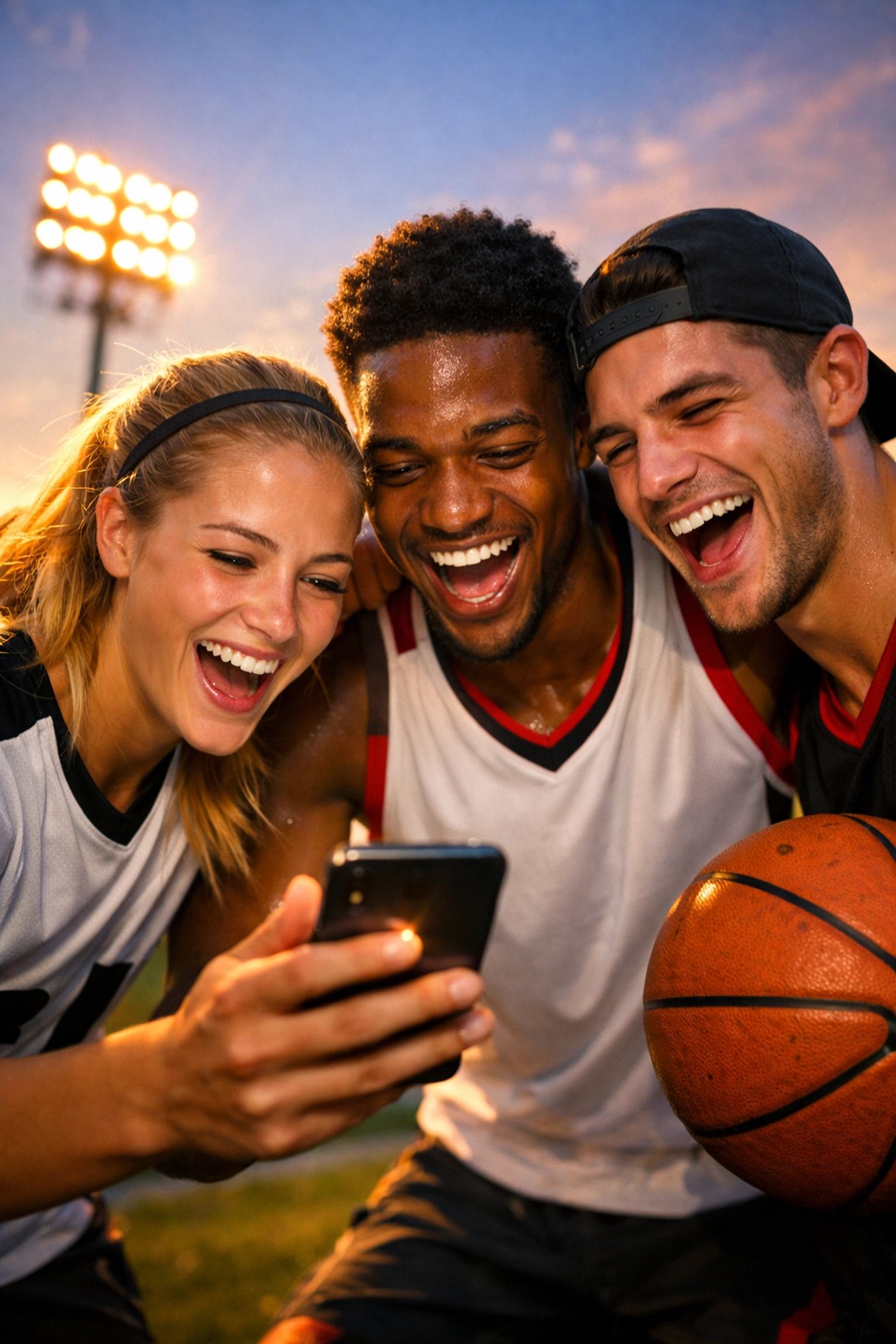 Group of diverse student-athletes sharing viral content on a smartphone to increase NIL brand value.