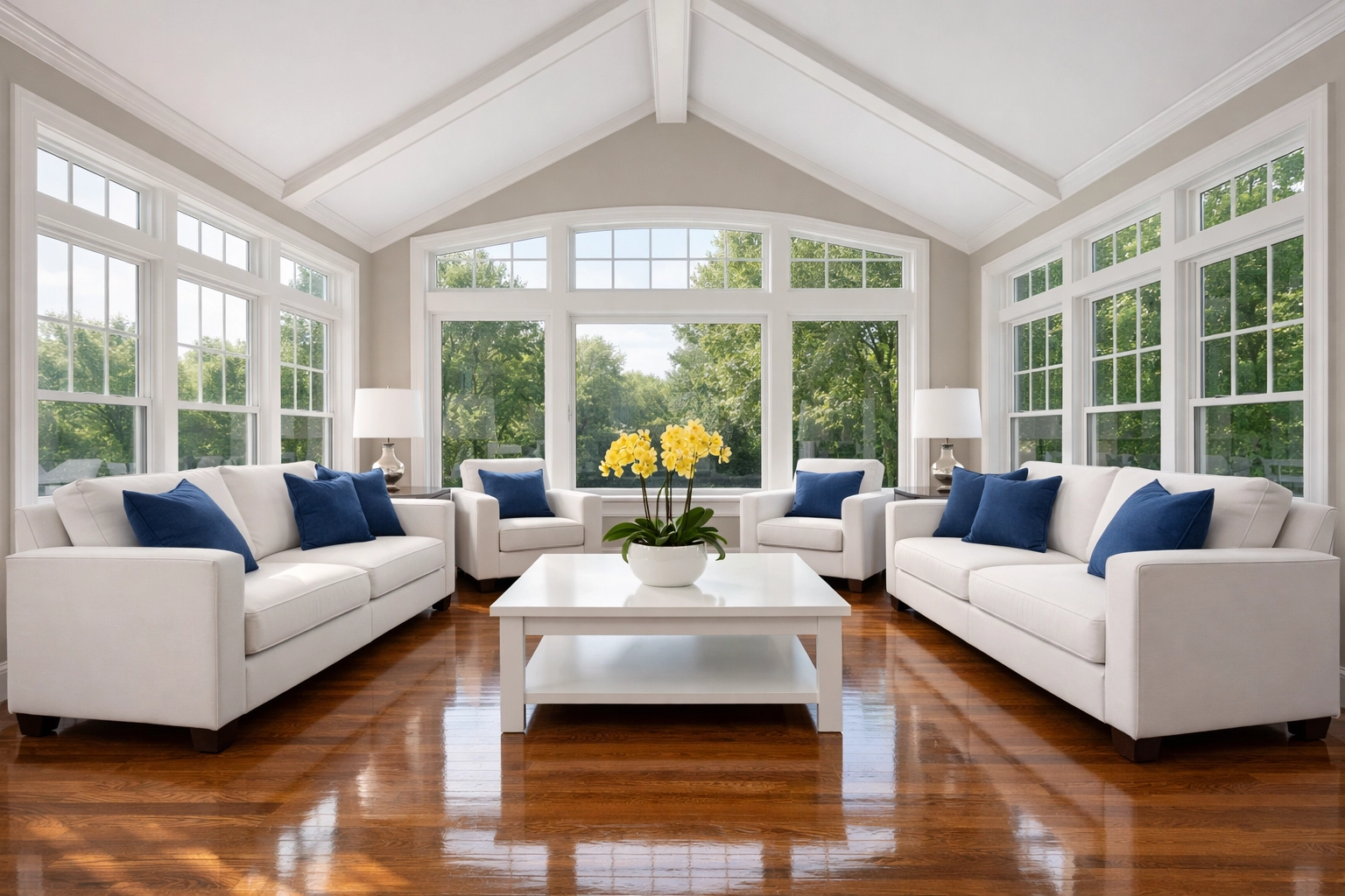 Clean modern living room in Leominster with polished hardwood floors and fresh indoor air quality.
