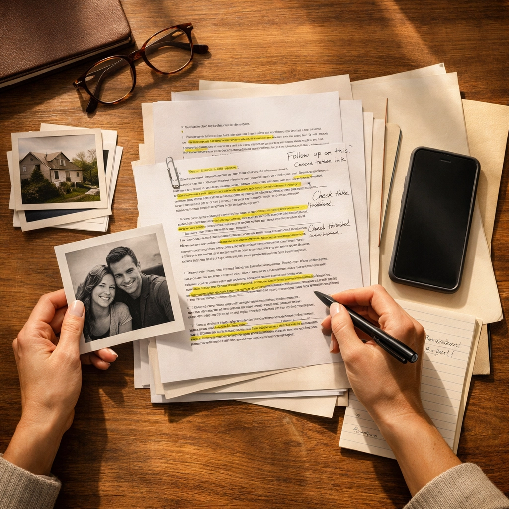 Hands organizing documents and evidence to build a legal case against DARVO manipulation