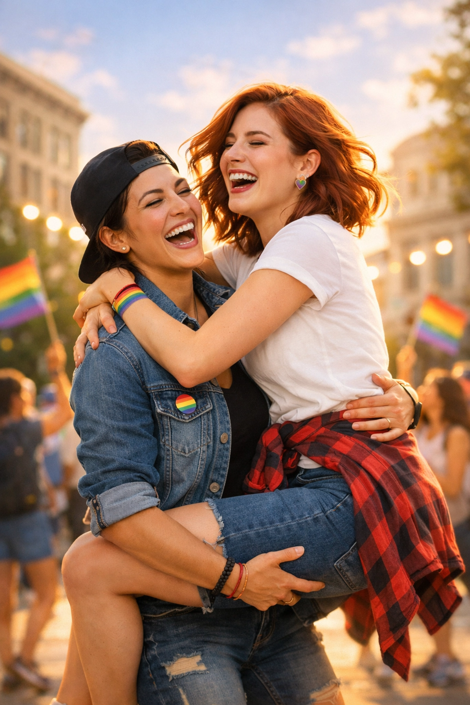 A happy lesbian couple celebrating outdoors, showcasing queer joy and happy endings in romance.