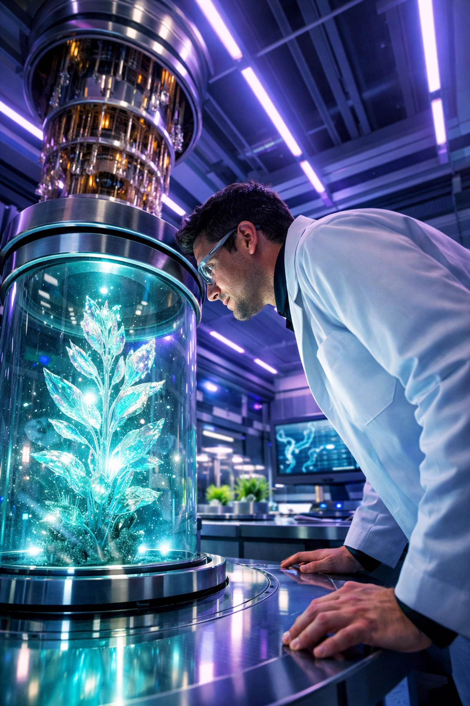 Research scientist observing a synthetic biology experiment in a modern laboratory.