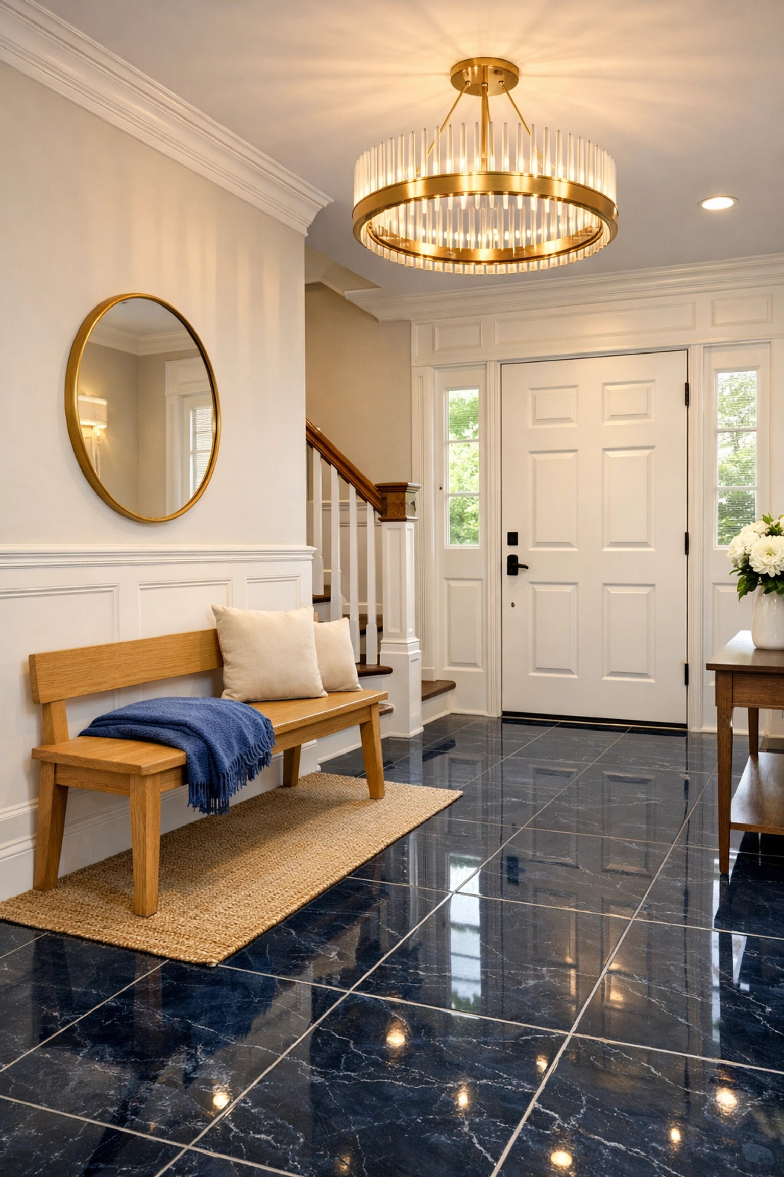 Pristine luxury entryway and polished tile floors from a house cleaning Ashby MA service.