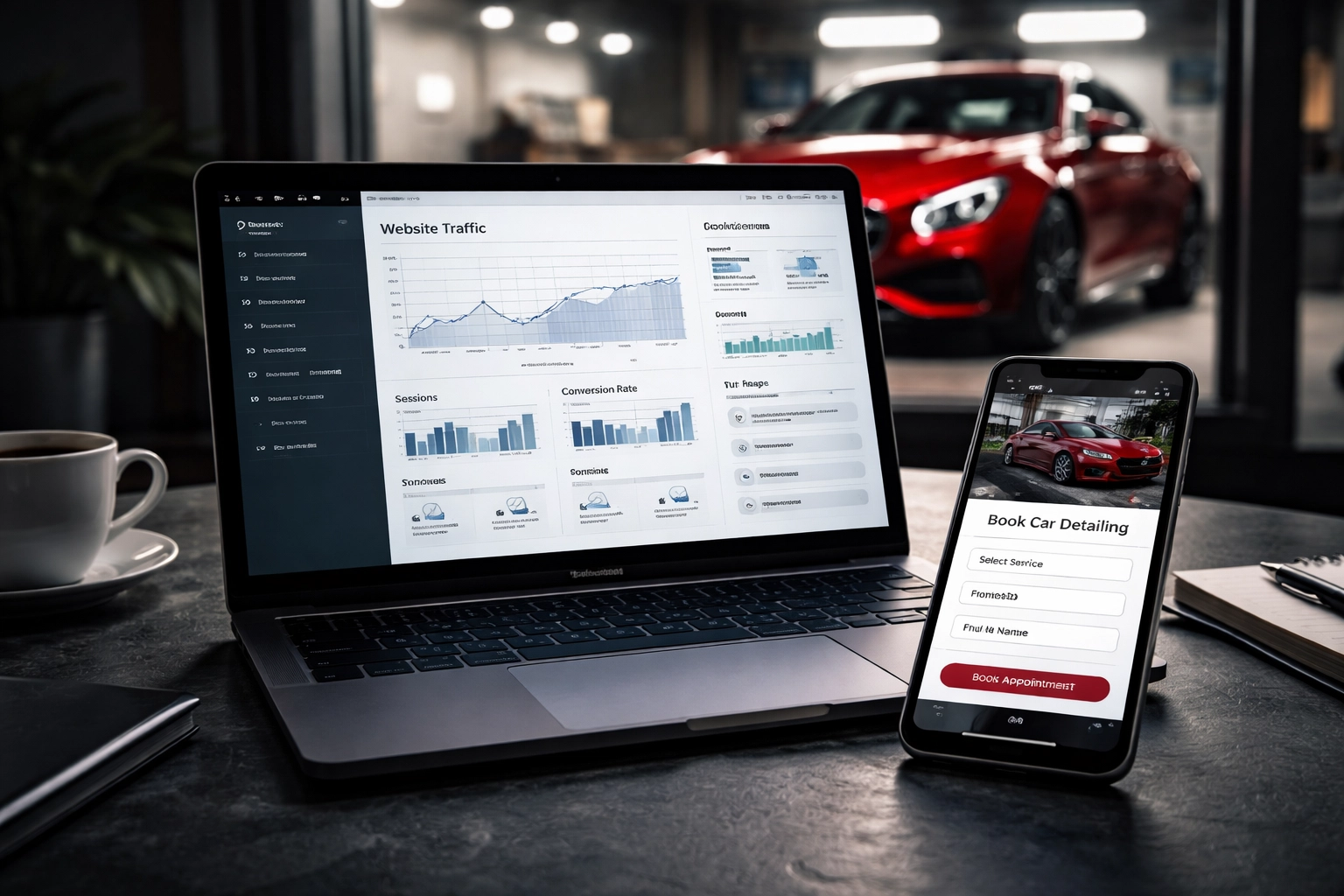 Close-up of website analytics and booking form for Brisbane car detailers, highlighting digital marketing and service accessibility.