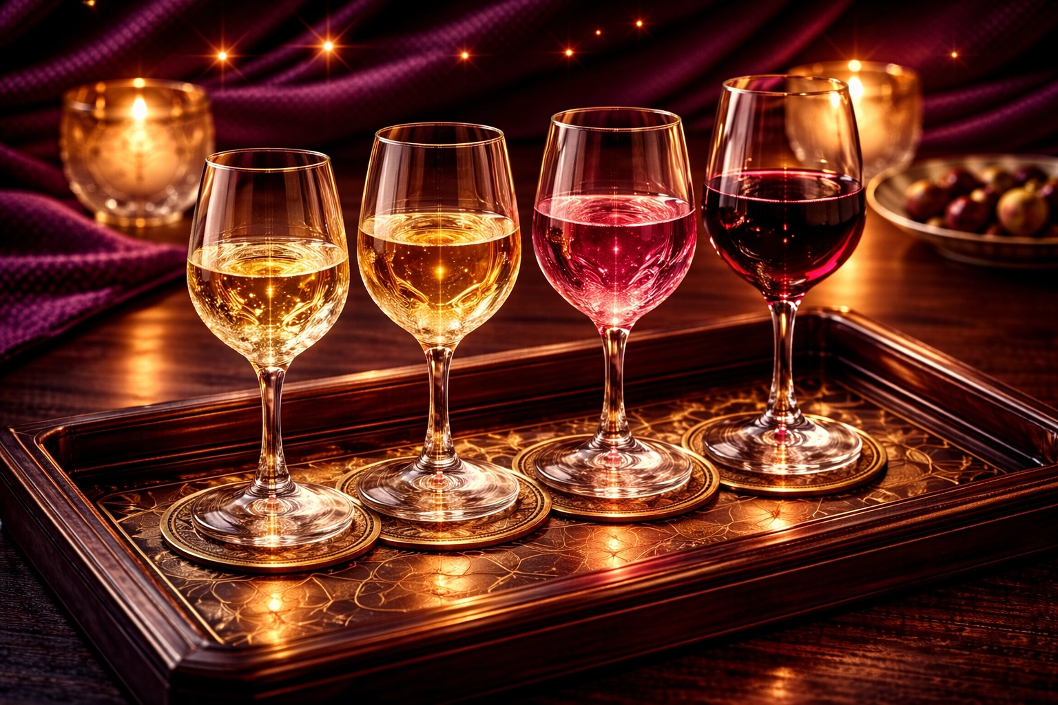 Four wine glasses on a rustic table, featured in a wine tasting flight at Rebel Wine Bar, perfect for date nights.