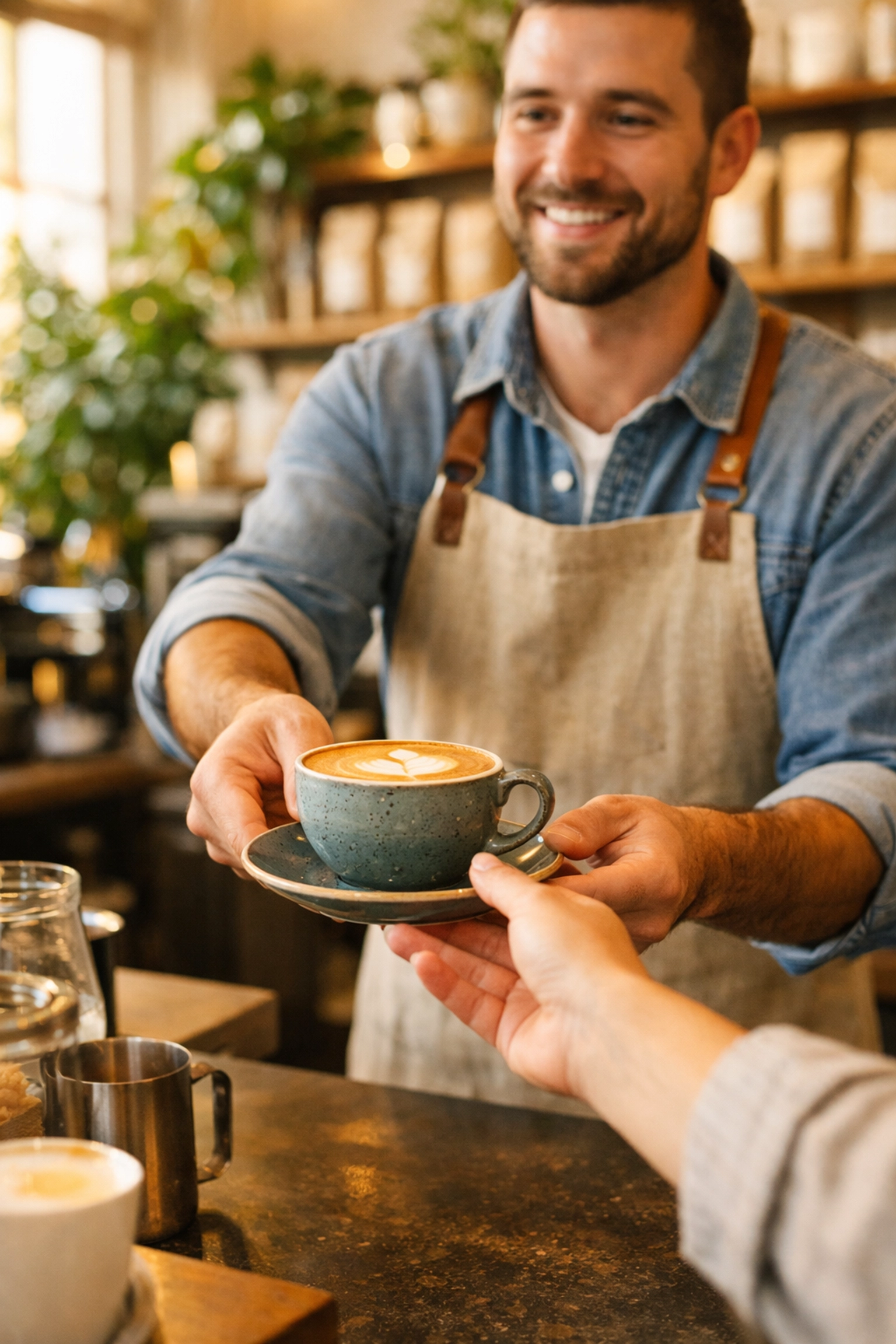 Barista serving a cappuccino in a warm, inviting specialty coffee shop with natural lighting.