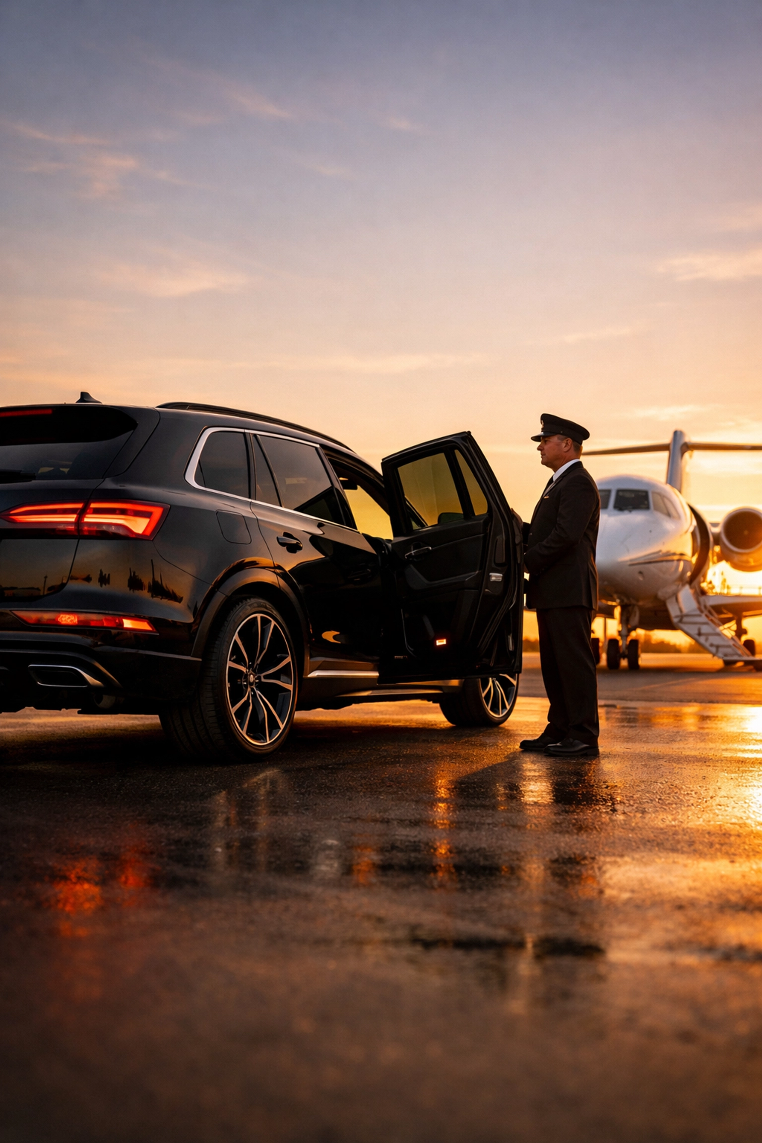 Premium luxury transportation with chauffeur and private jet for corporate travel