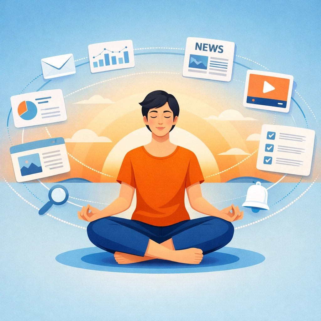 Person in peaceful meditation surrounded by organized news information flowing calmly